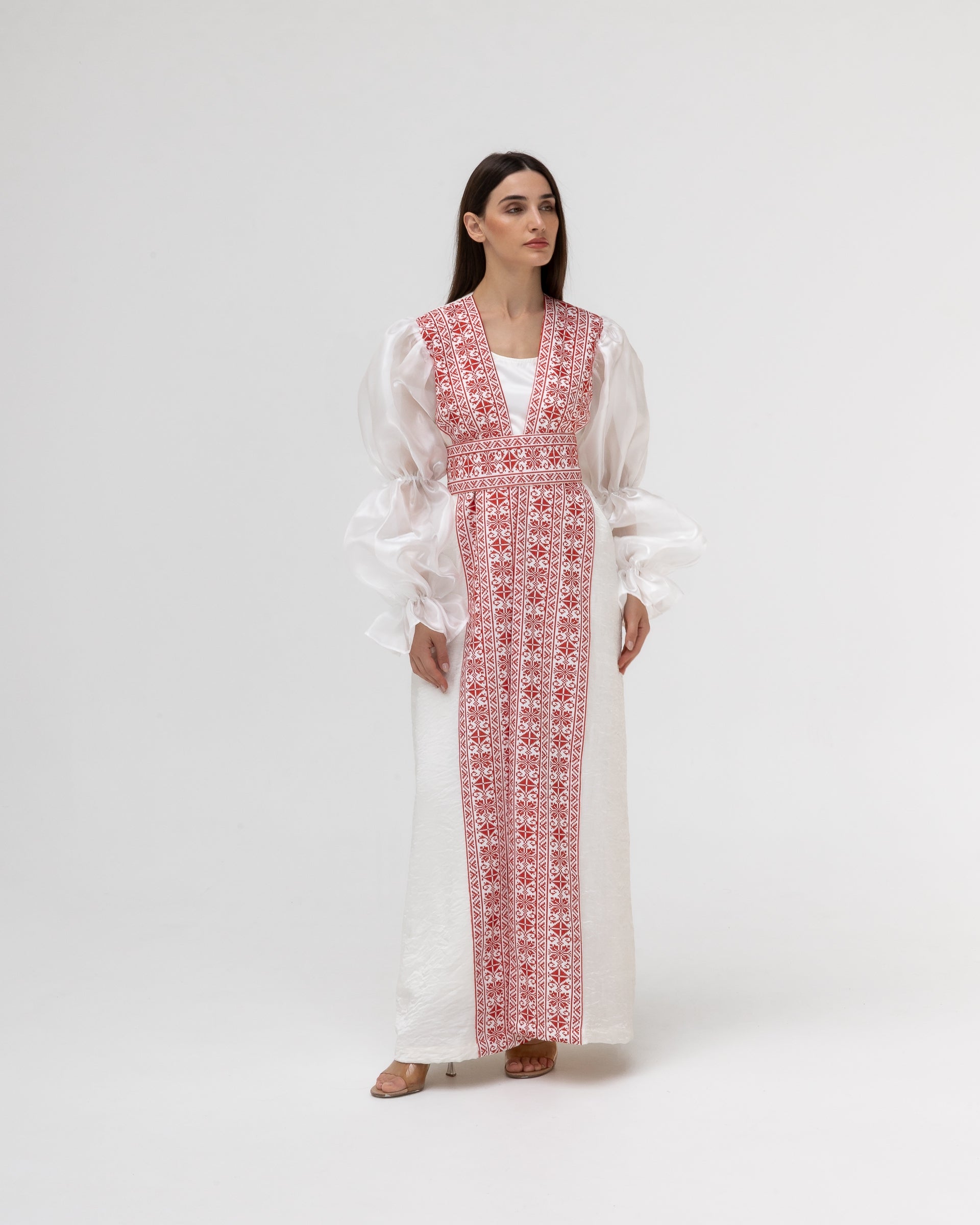 Embroidered White & Red Abaya with Puff Sleeves