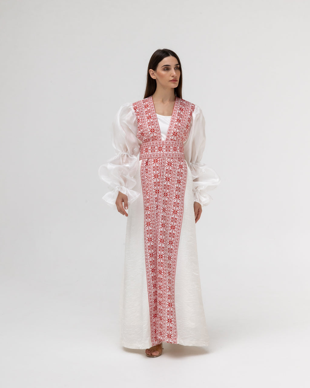 Embroidered White & Red Abaya with Puff Sleeves