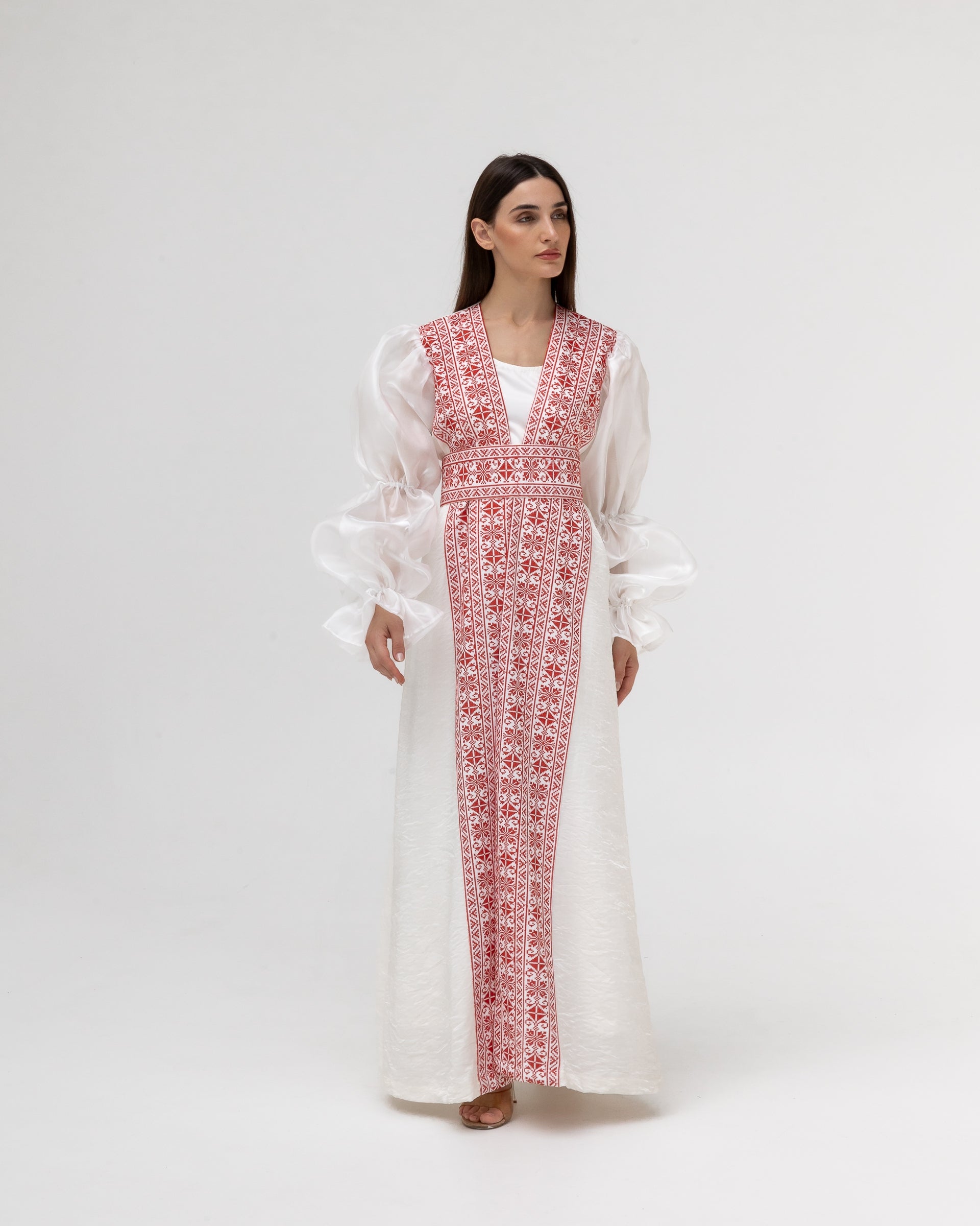 Embroidered White & Red Abaya with Puff Sleeves