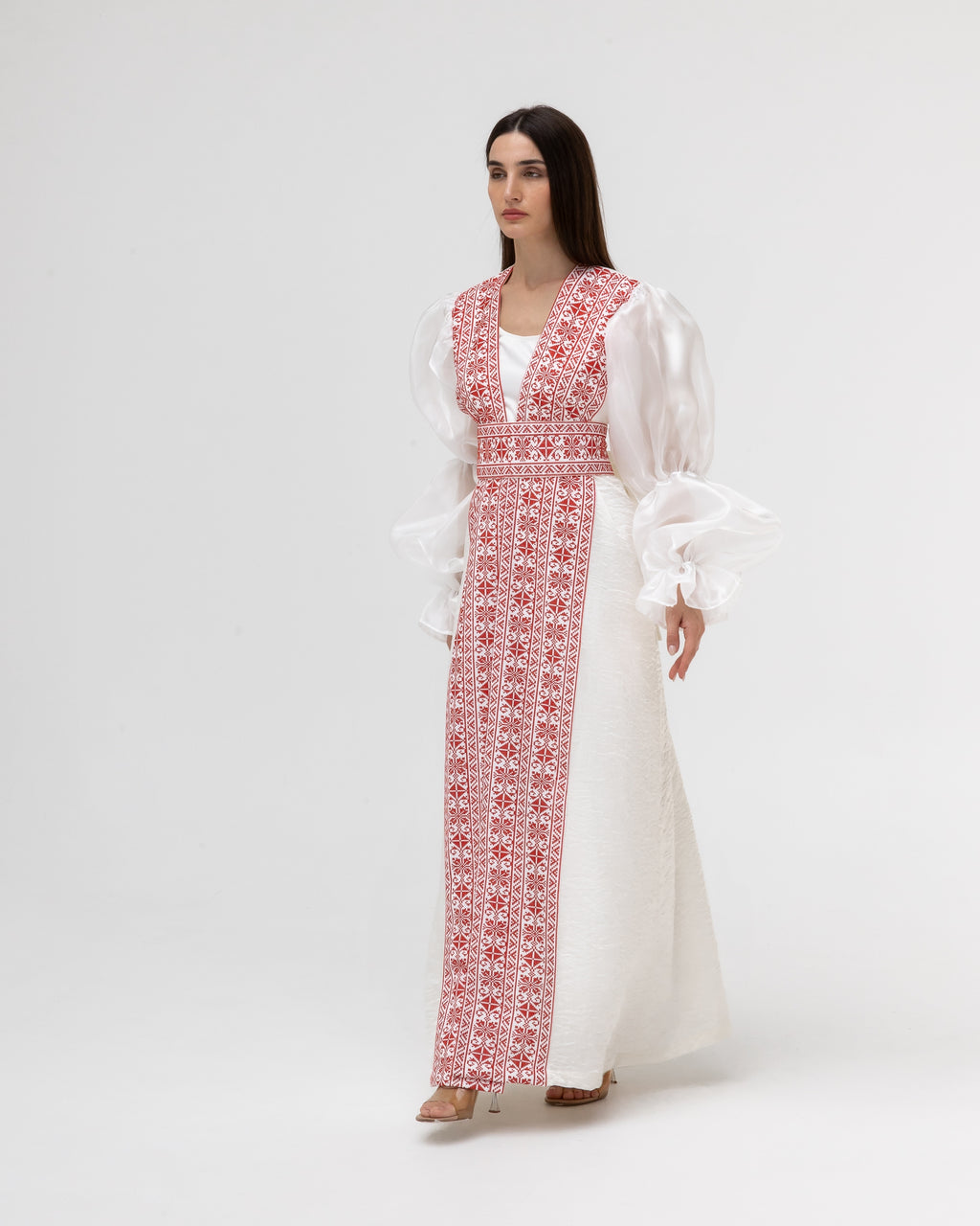 Embroidered White & Red Abaya with Puff Sleeves