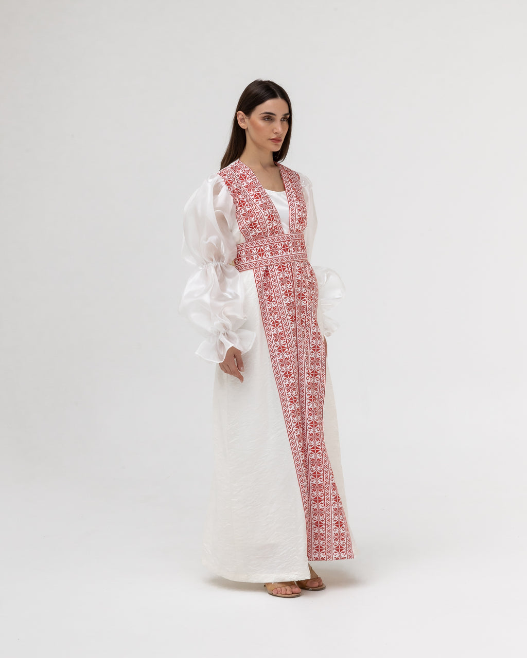 Embroidered White & Red Abaya with Puff Sleeves
