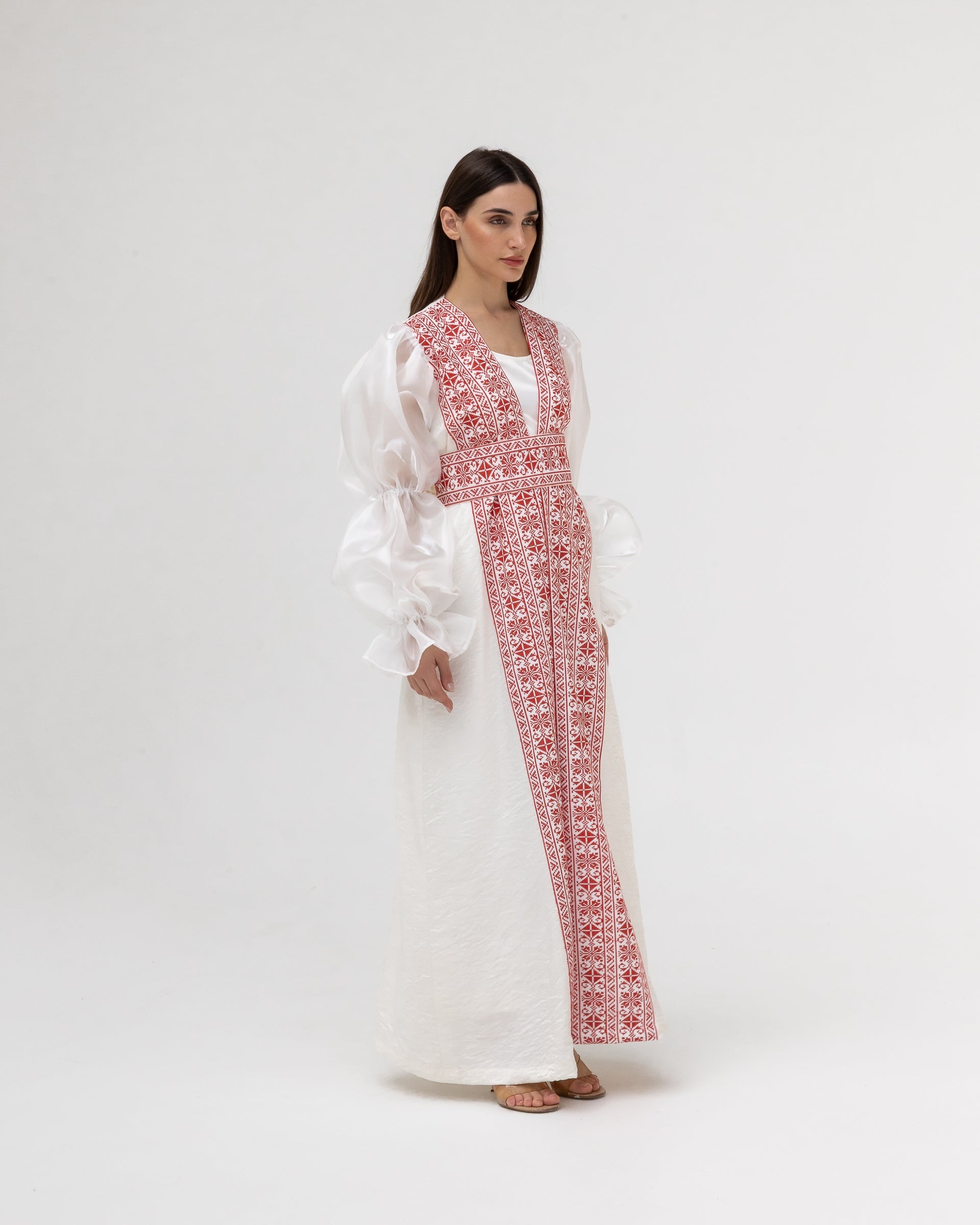 Embroidered White & Red Abaya with Puff Sleeves