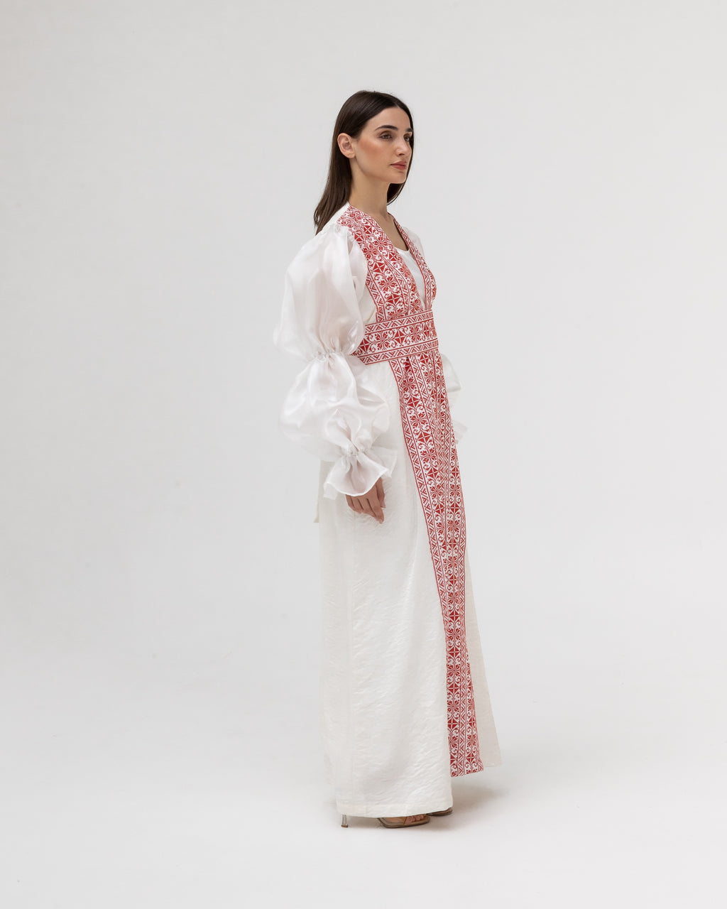 Embroidered White & Red Abaya with Puff Sleeves