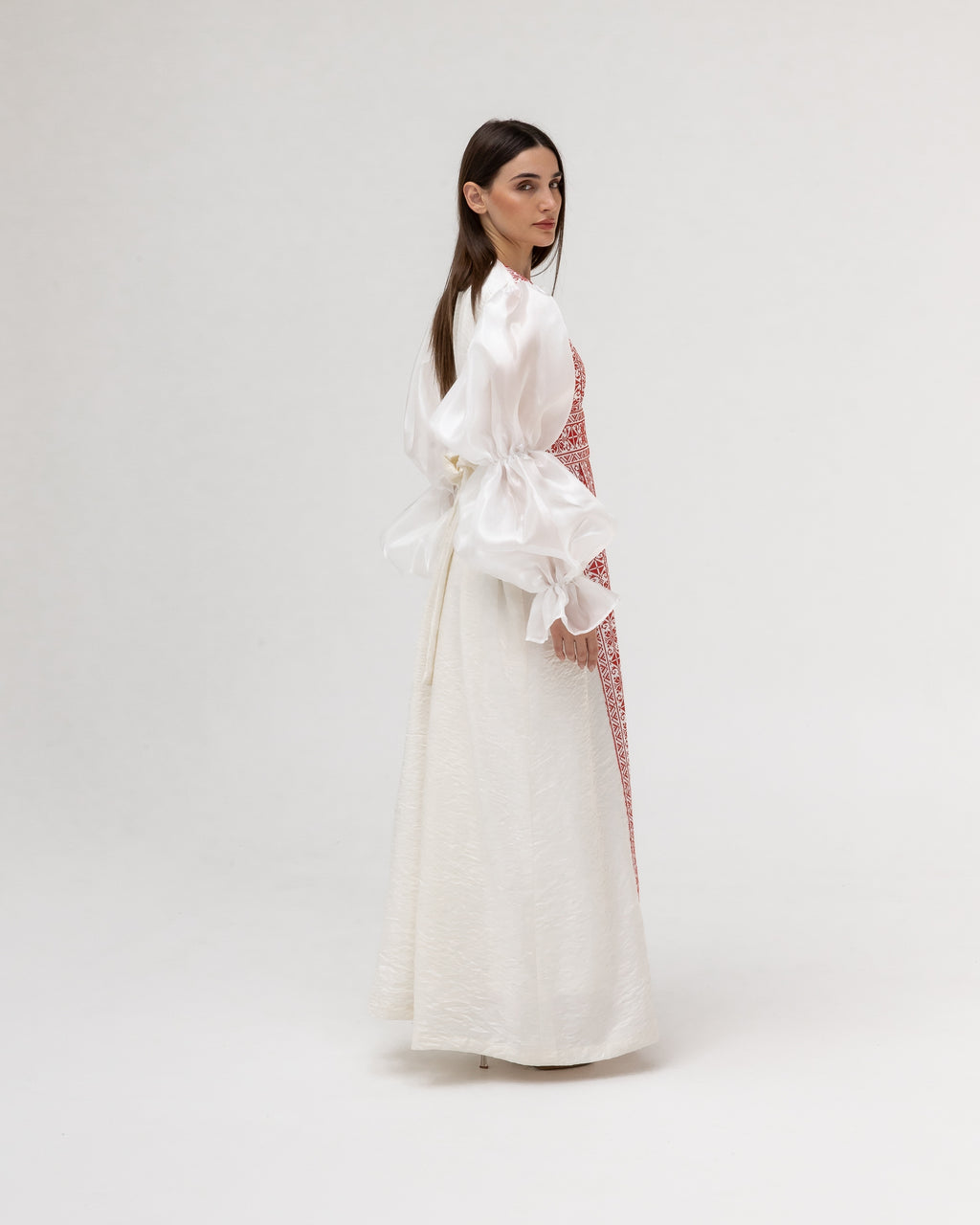 Embroidered White & Red Abaya with Puff Sleeves