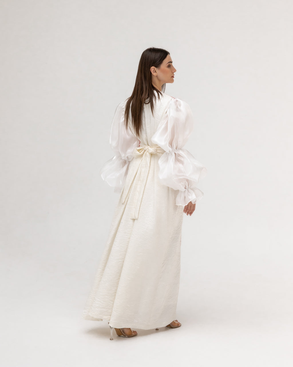 Embroidered White & Red Abaya with Puff Sleeves