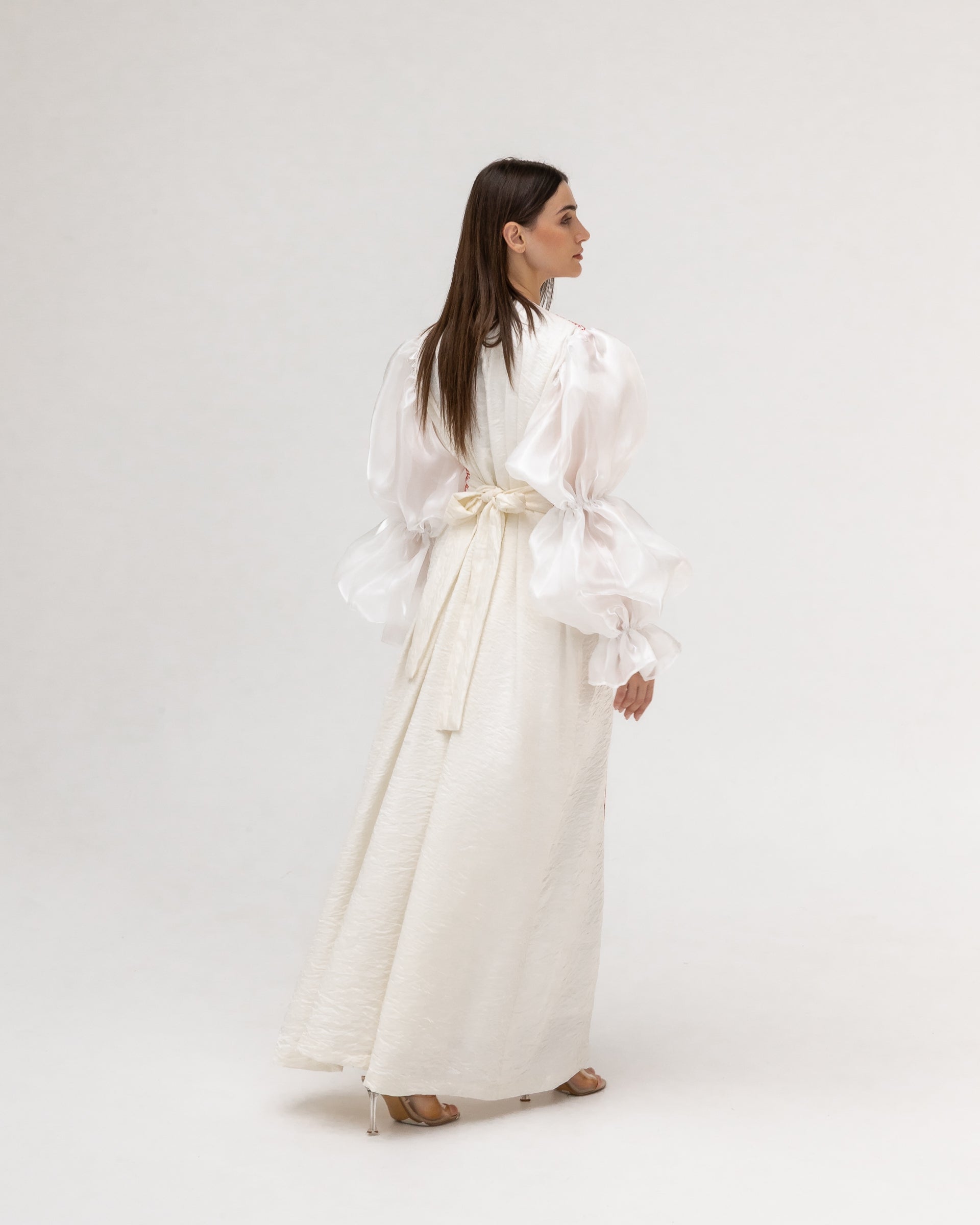 Embroidered White & Red Abaya with Puff Sleeves