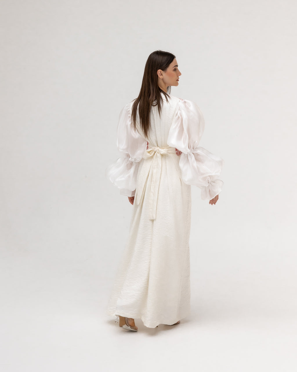 Embroidered White & Red Abaya with Puff Sleeves