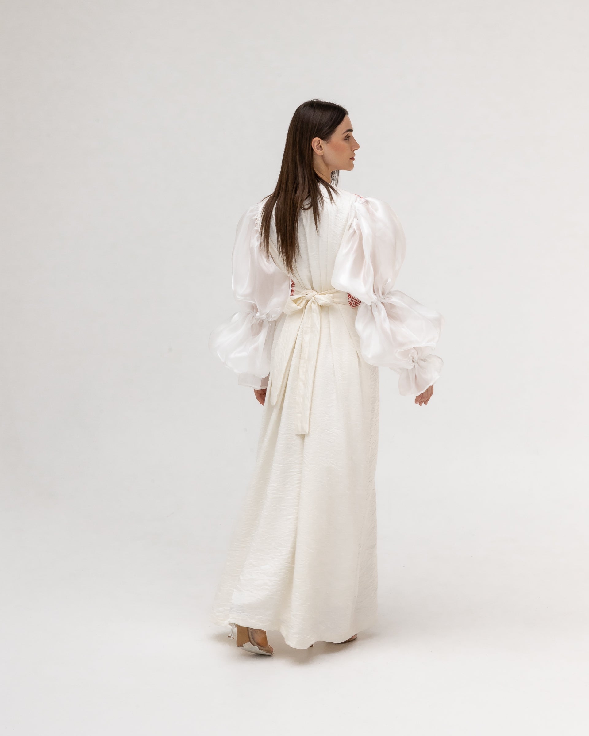 Embroidered White & Red Abaya with Puff Sleeves