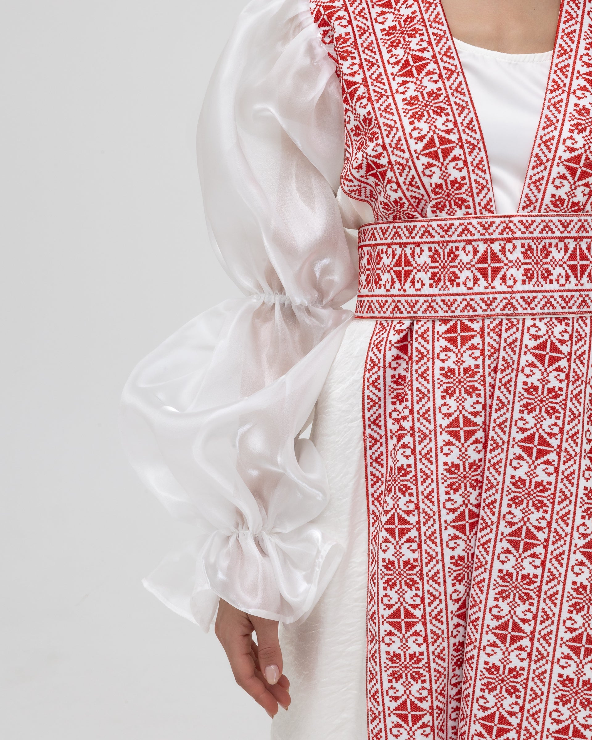 Embroidered White & Red Abaya with Puff Sleeves