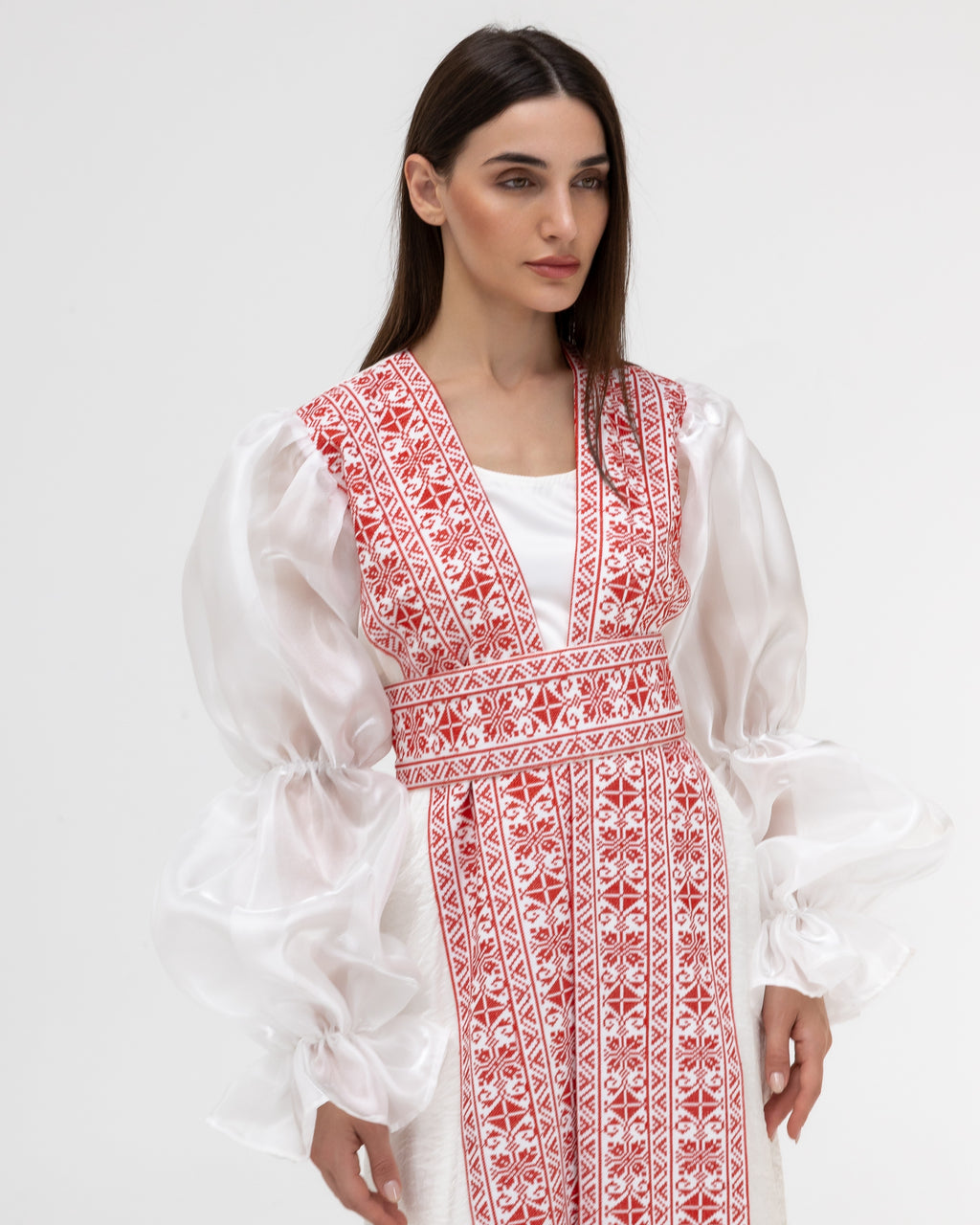 Embroidered White & Red Abaya with Puff Sleeves
