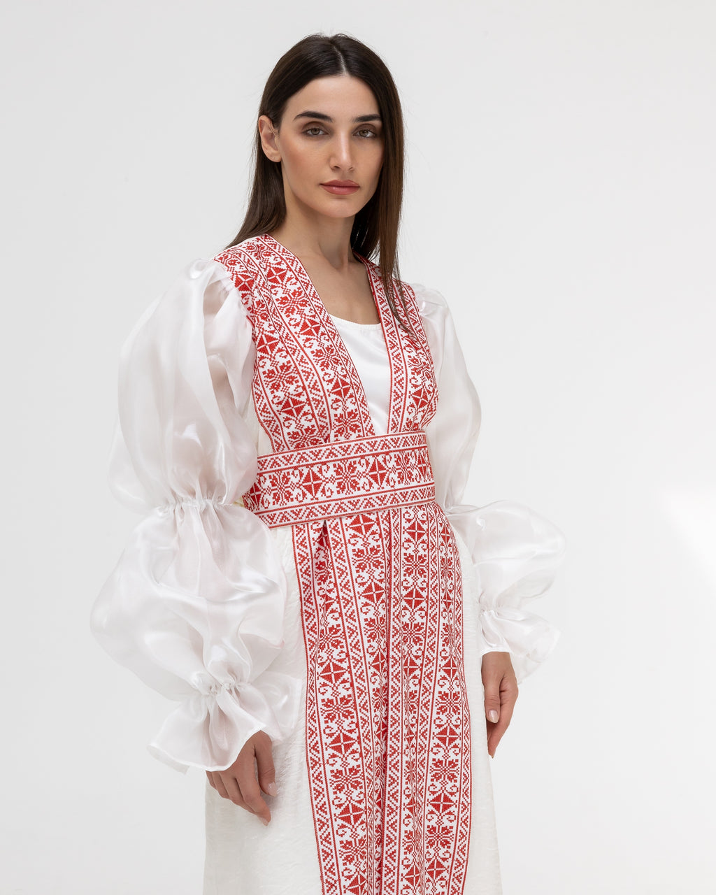 Embroidered White & Red Abaya with Puff Sleeves