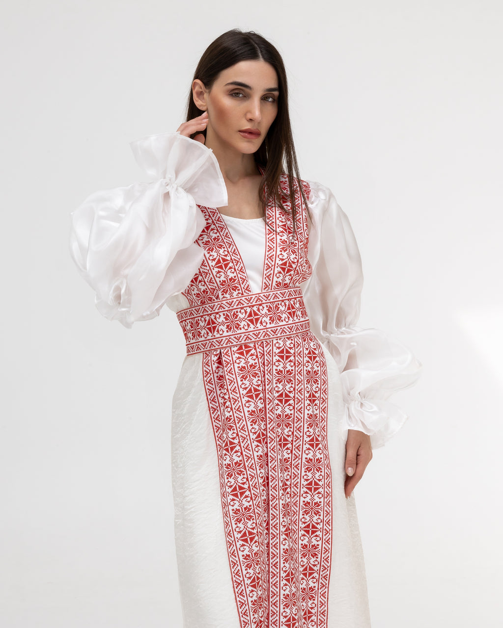 Embroidered White & Red Abaya with Puff Sleeves