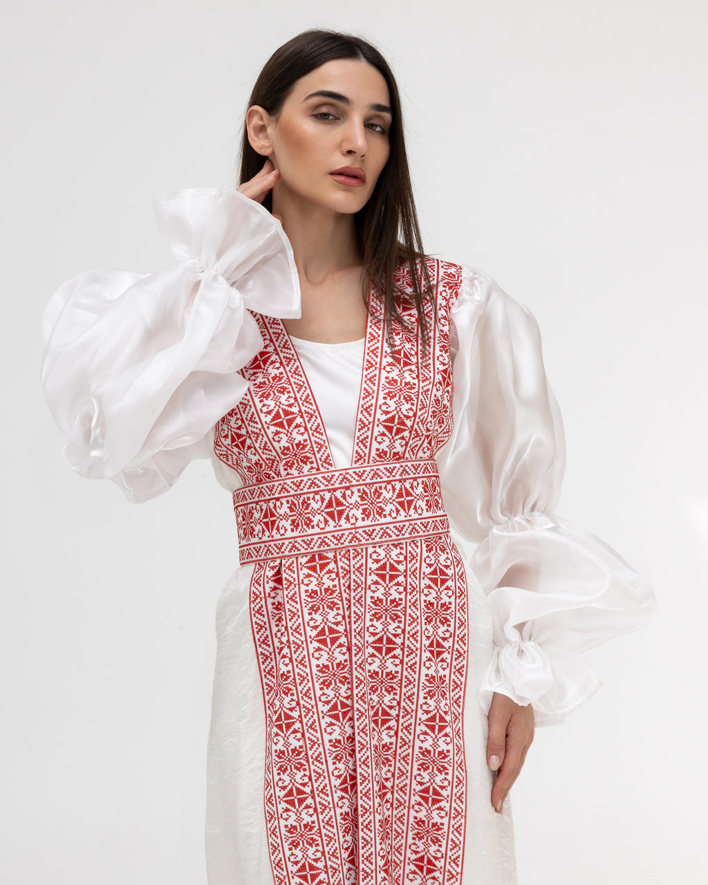Embroidered White & Red Abaya with Puff Sleeves