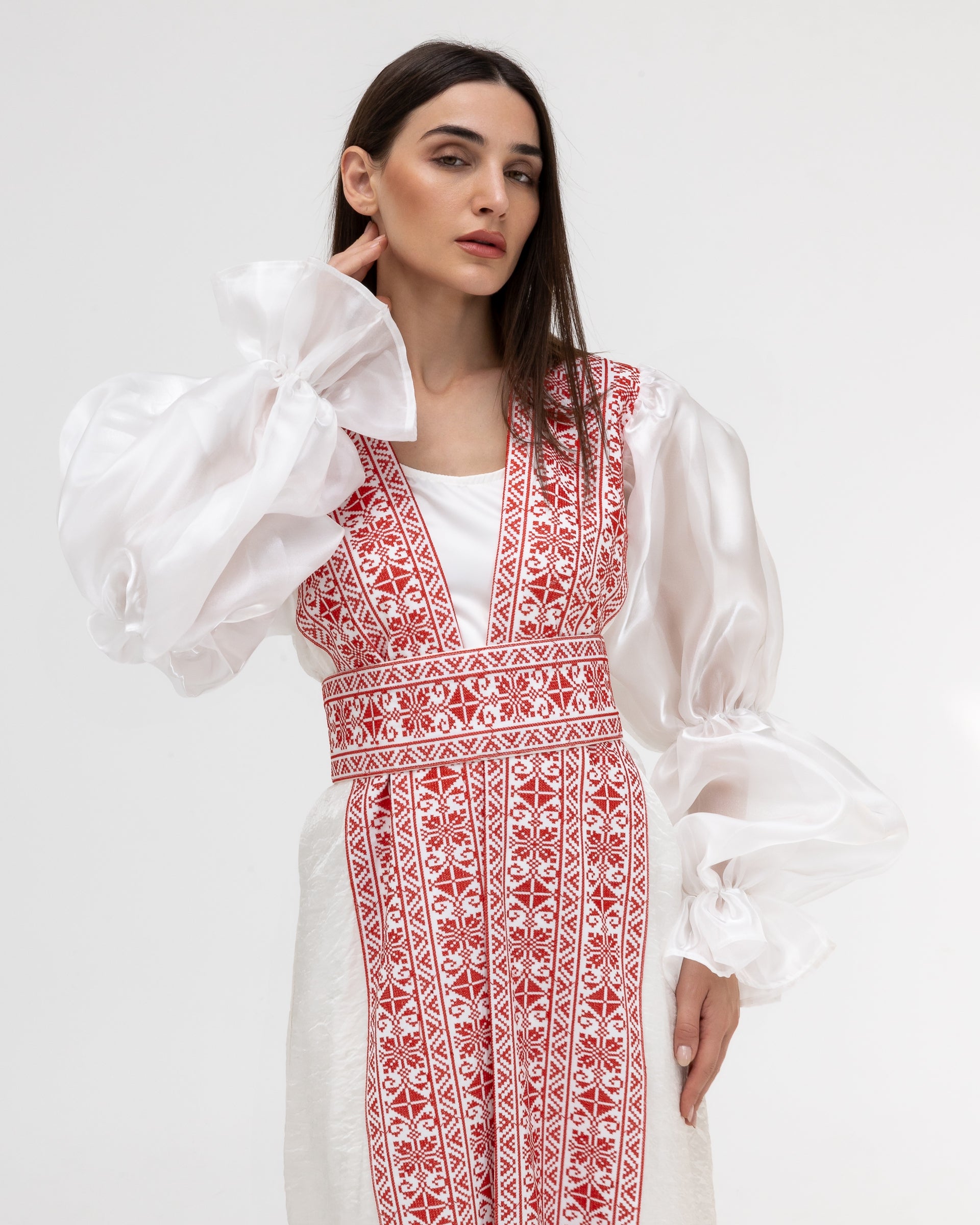Embroidered White & Red Abaya with Puff Sleeves