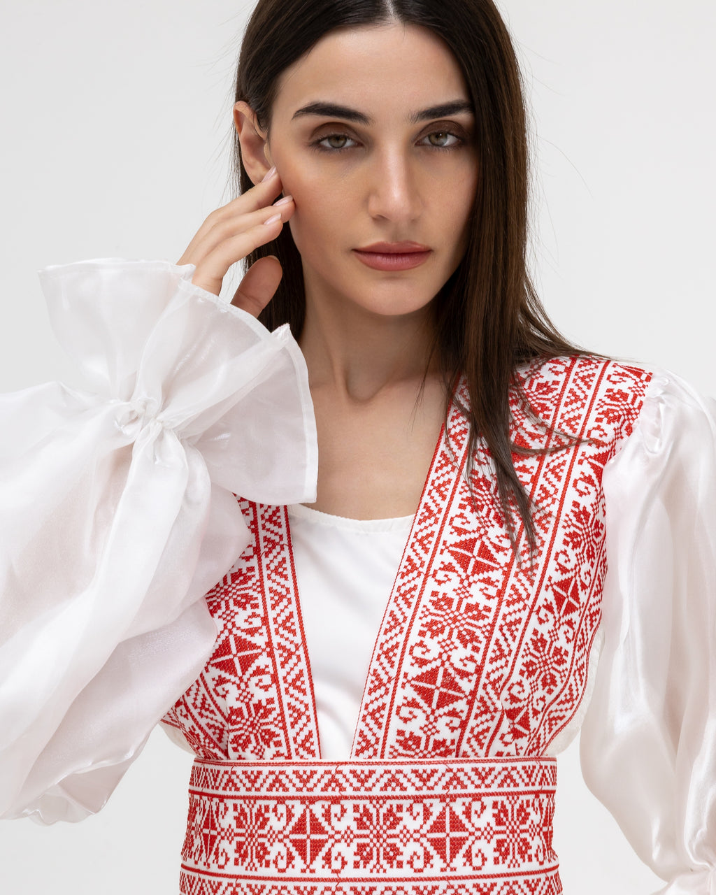 Embroidered White & Red Abaya with Puff Sleeves