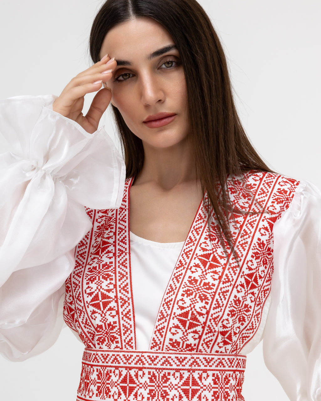 Embroidered White & Red Abaya with Puff Sleeves