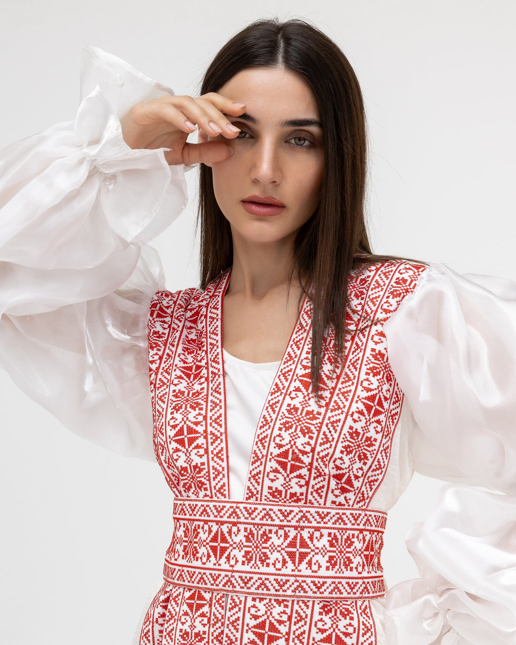 Embroidered White & Red Abaya with Puff Sleeves