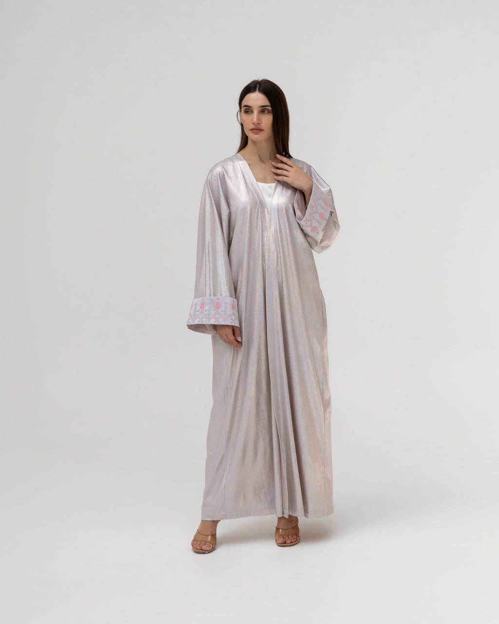 Shimmering Silver Abaya with Soft Embroidery