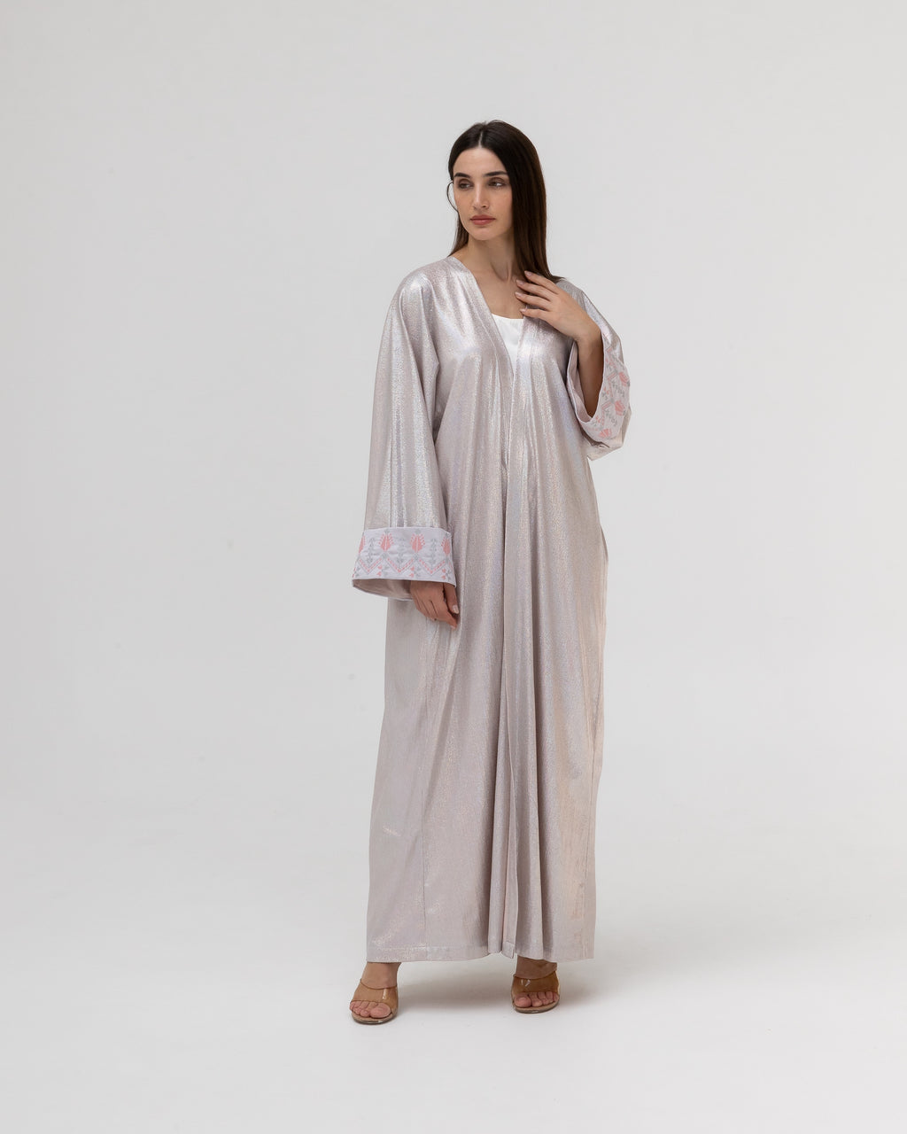 Shimmering Silver Abaya with Soft Embroidery