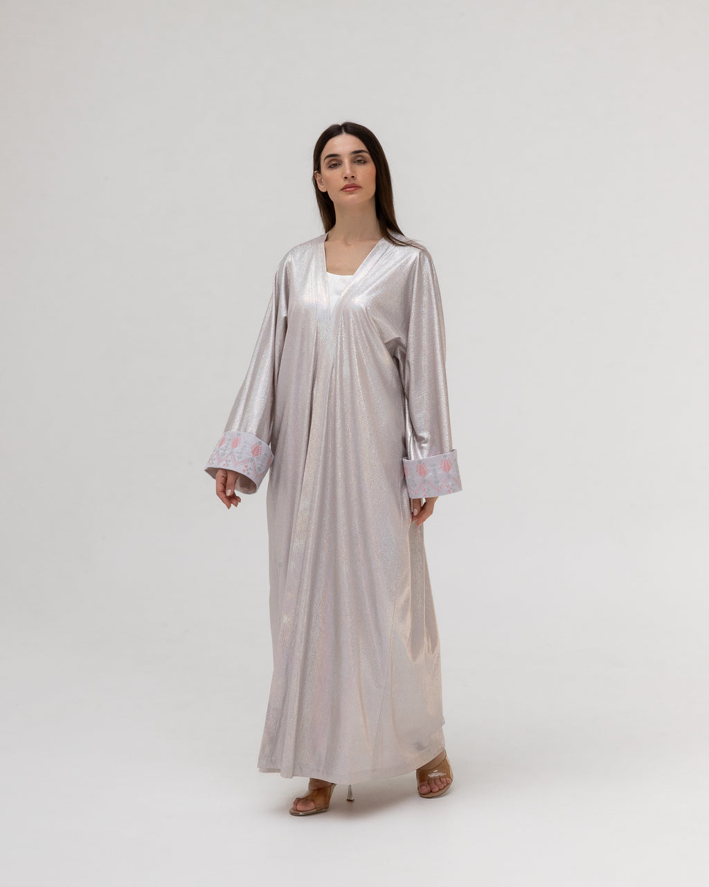 Shimmering Silver Abaya with Soft Embroidery