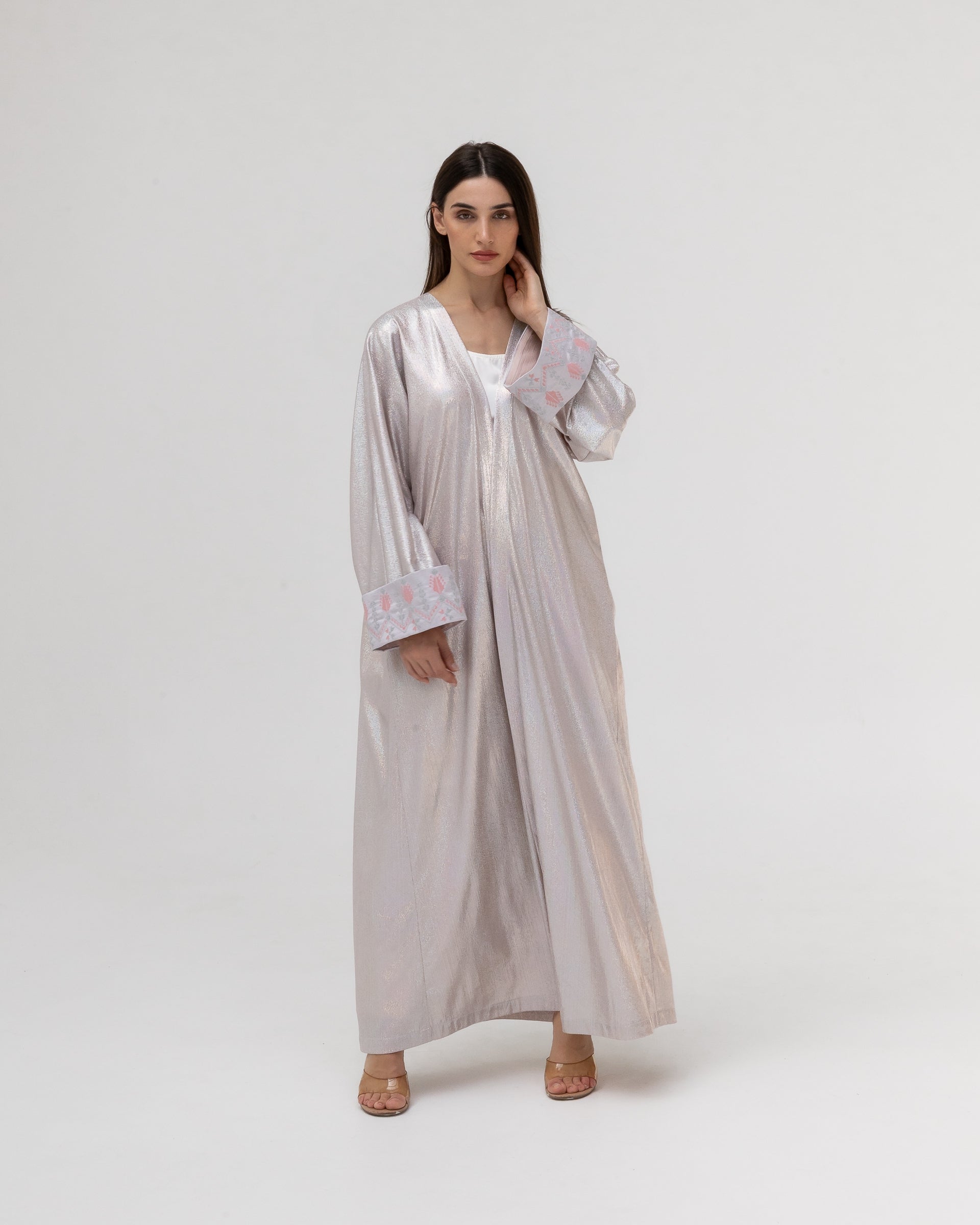 Shimmering Silver Abaya with Soft Embroidery