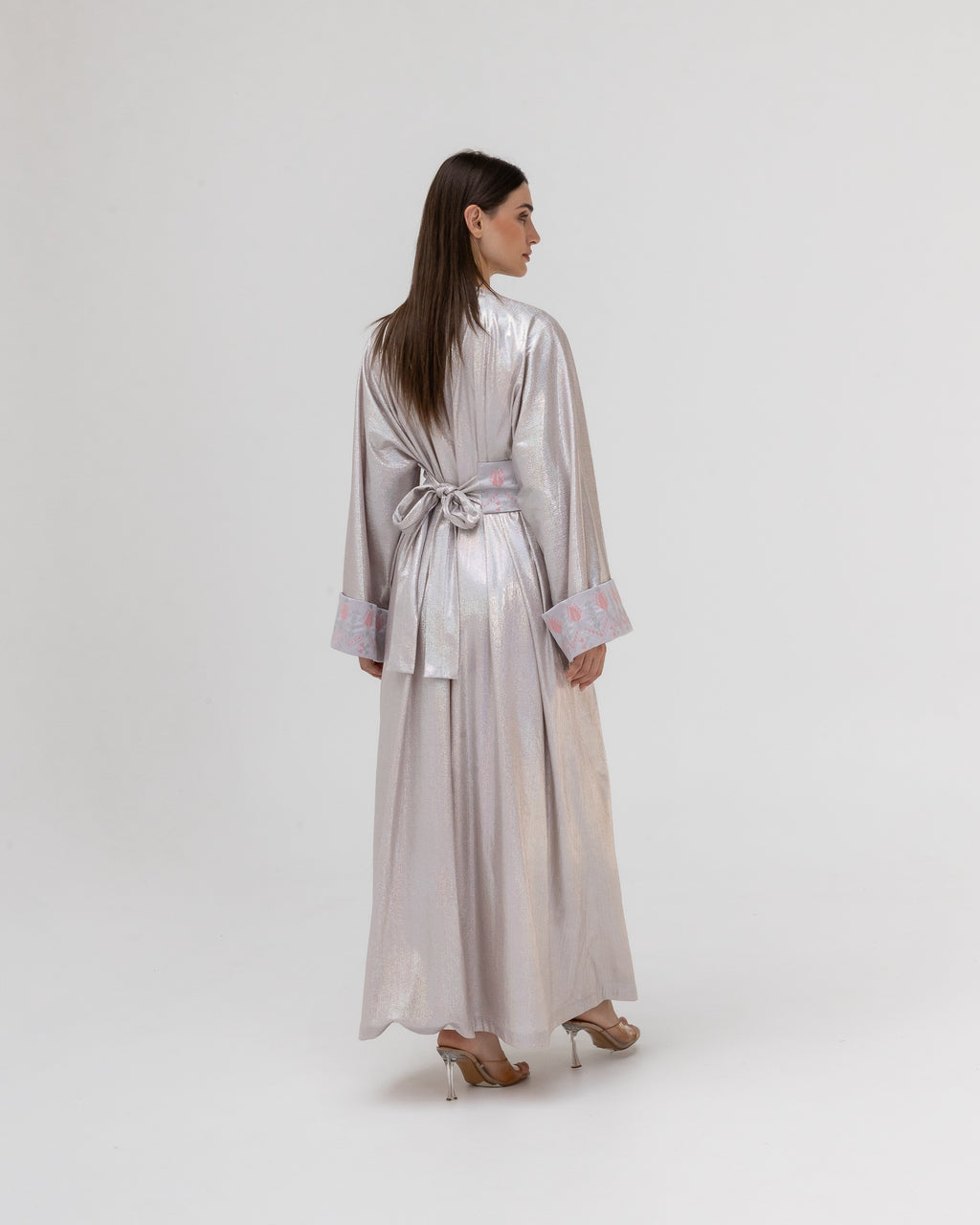 Shimmering Silver Abaya with Soft Embroidery