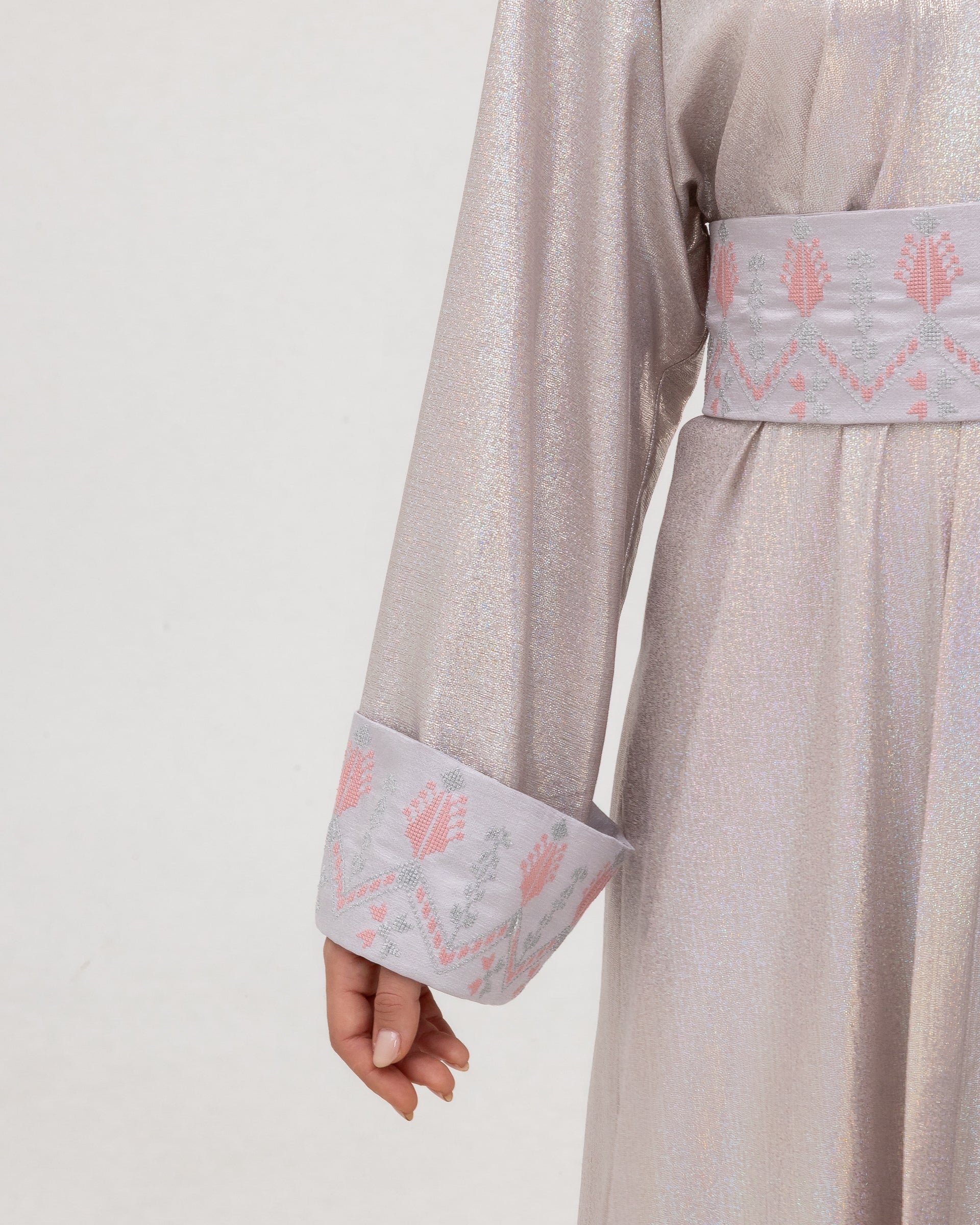 Shimmering Silver Abaya with Soft Embroidery