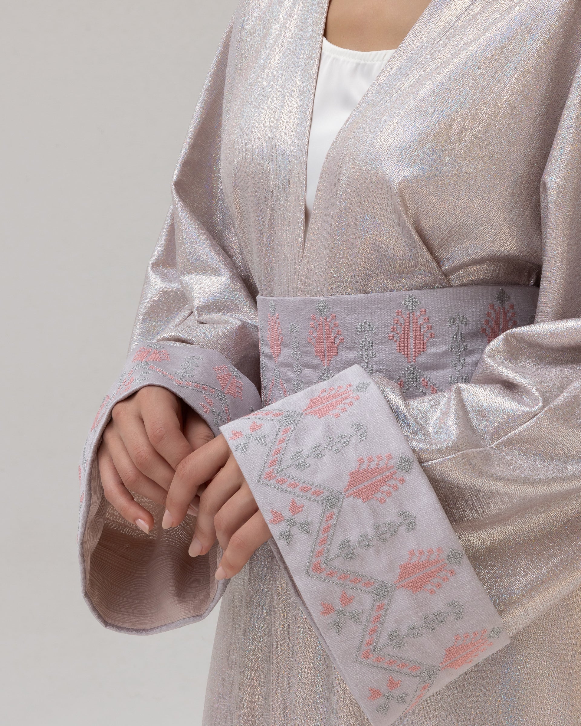 Shimmering Silver Abaya with Soft Embroidery
