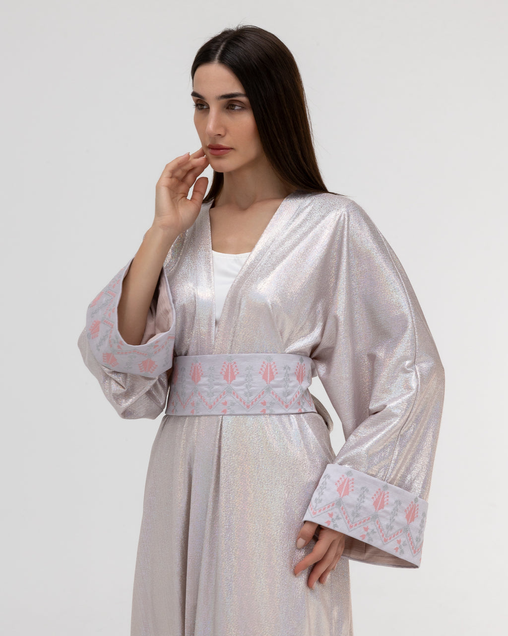 Shimmering Silver Abaya with Soft Embroidery