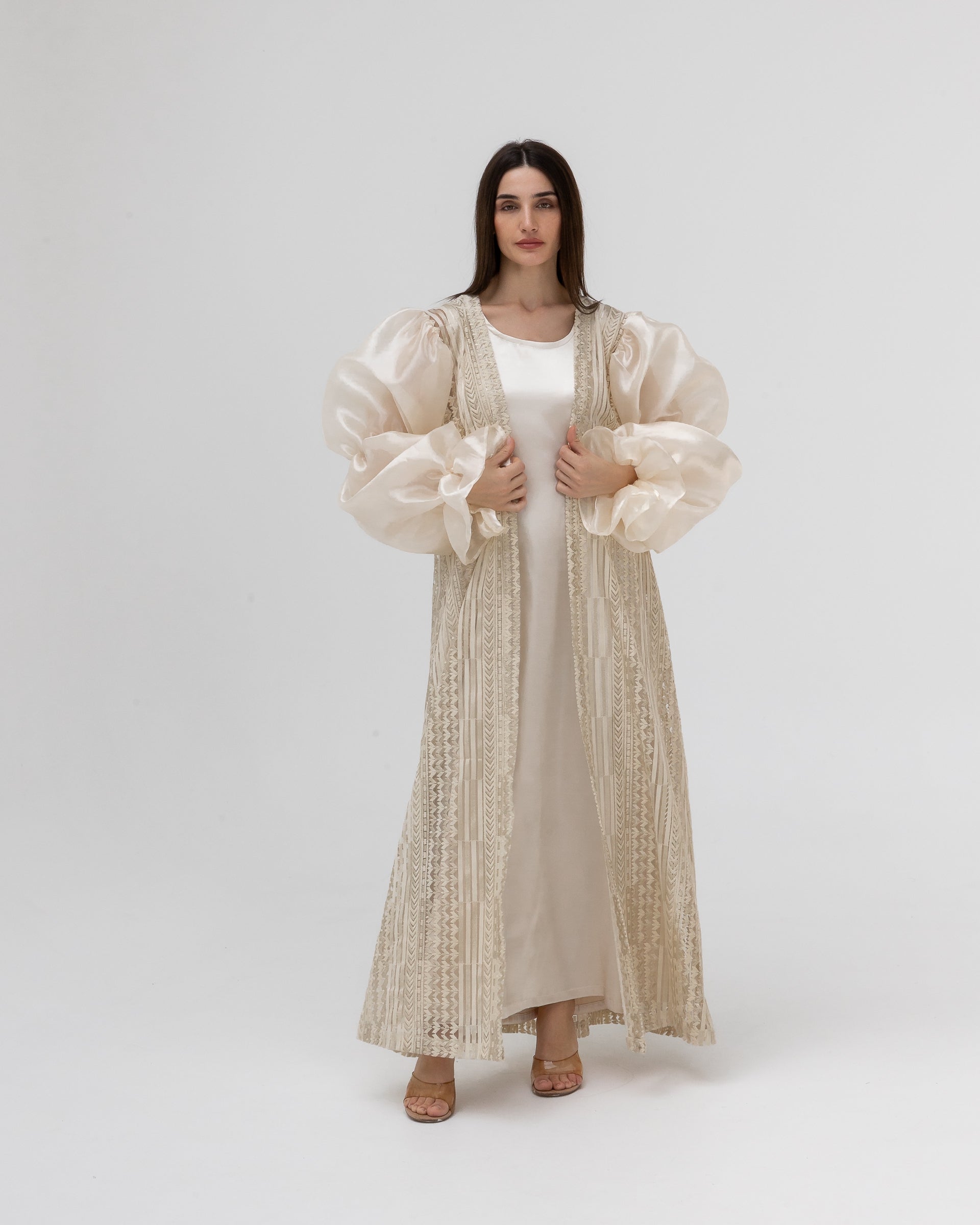 Champagne Lace Abaya with Sheer Puff Sleeves