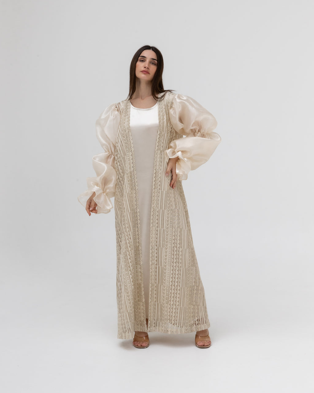 Champagne Lace Abaya with Sheer Puff Sleeves