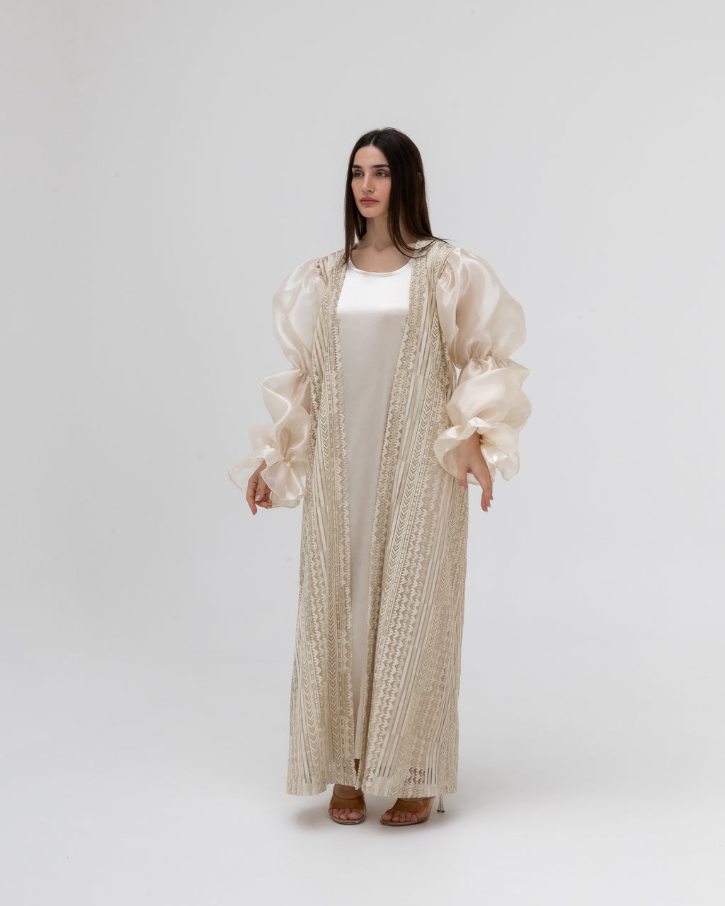 Champagne Lace Abaya with Sheer Puff Sleeves
