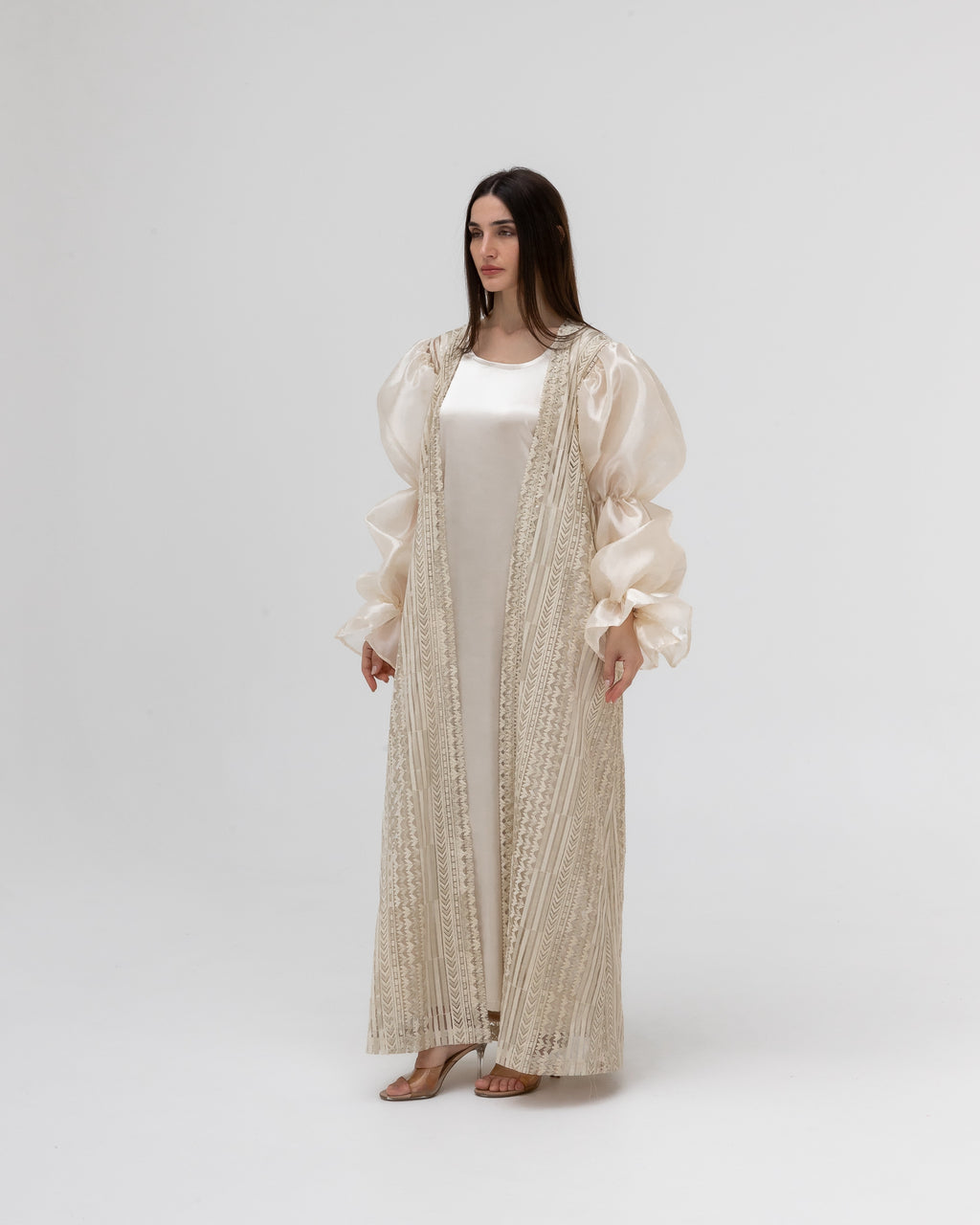 Champagne Lace Abaya with Sheer Puff Sleeves