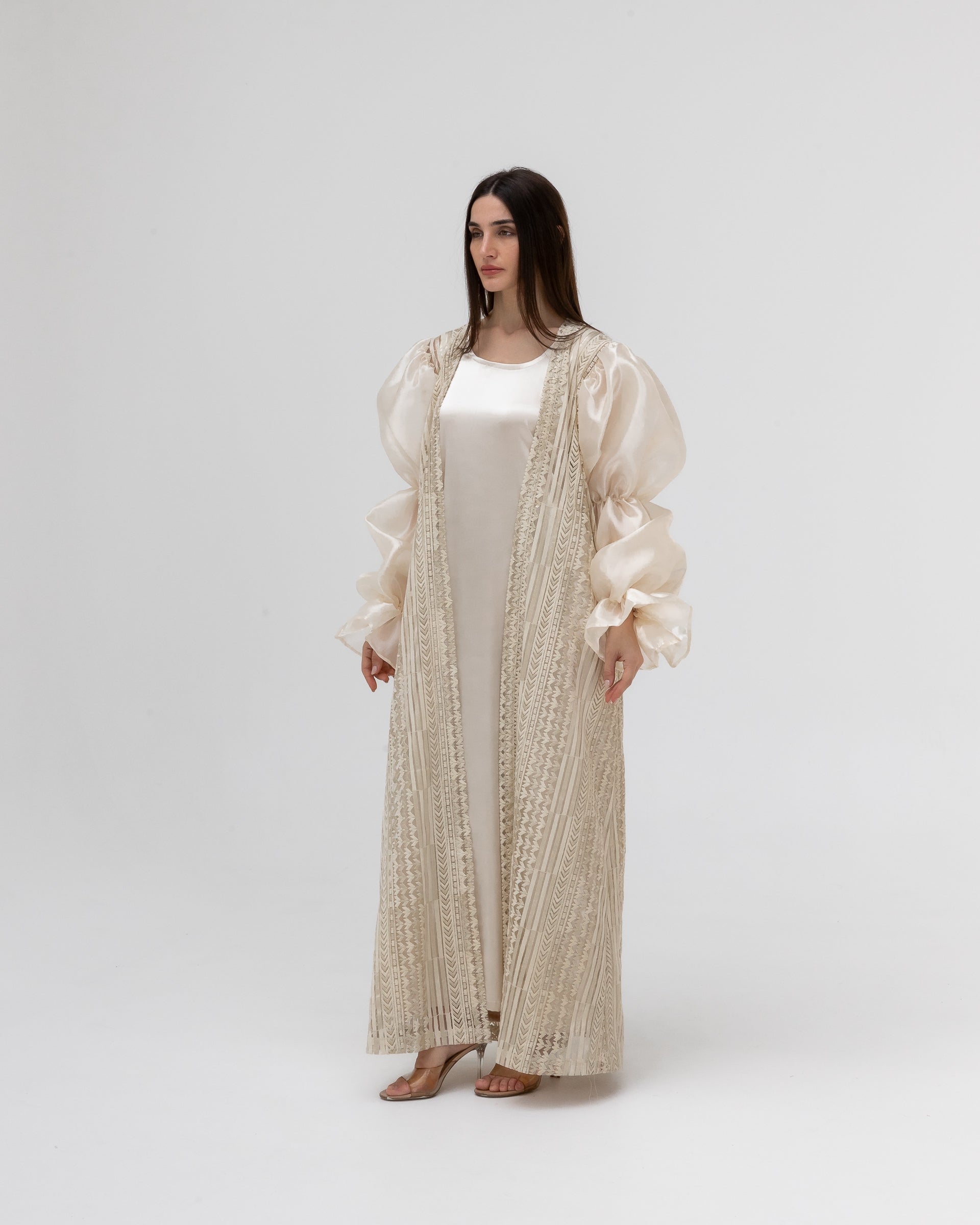 Champagne Lace Abaya with Sheer Puff Sleeves