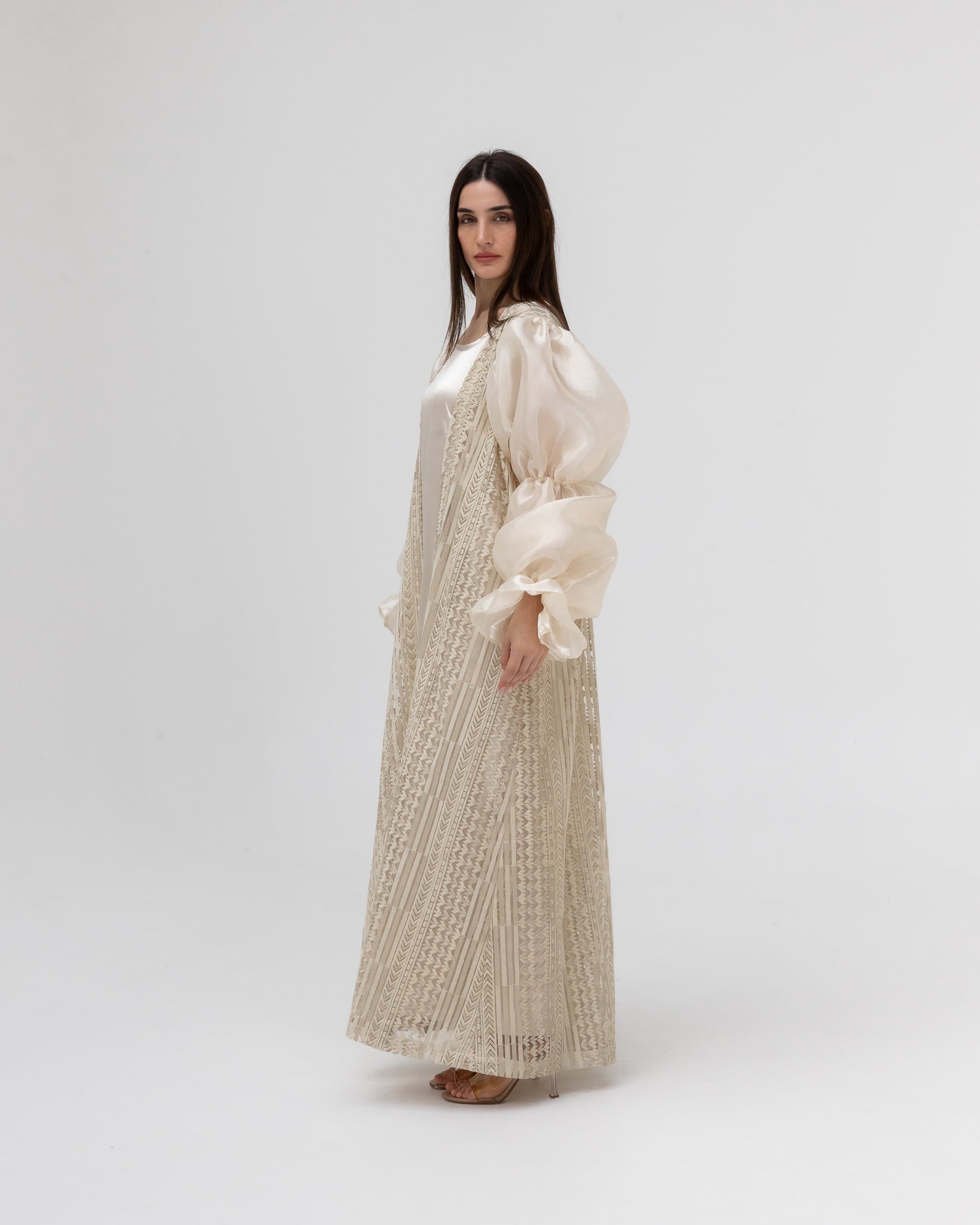 Champagne Lace Abaya with Sheer Puff Sleeves