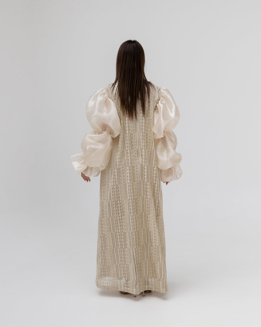 Champagne Lace Abaya with Sheer Puff Sleeves