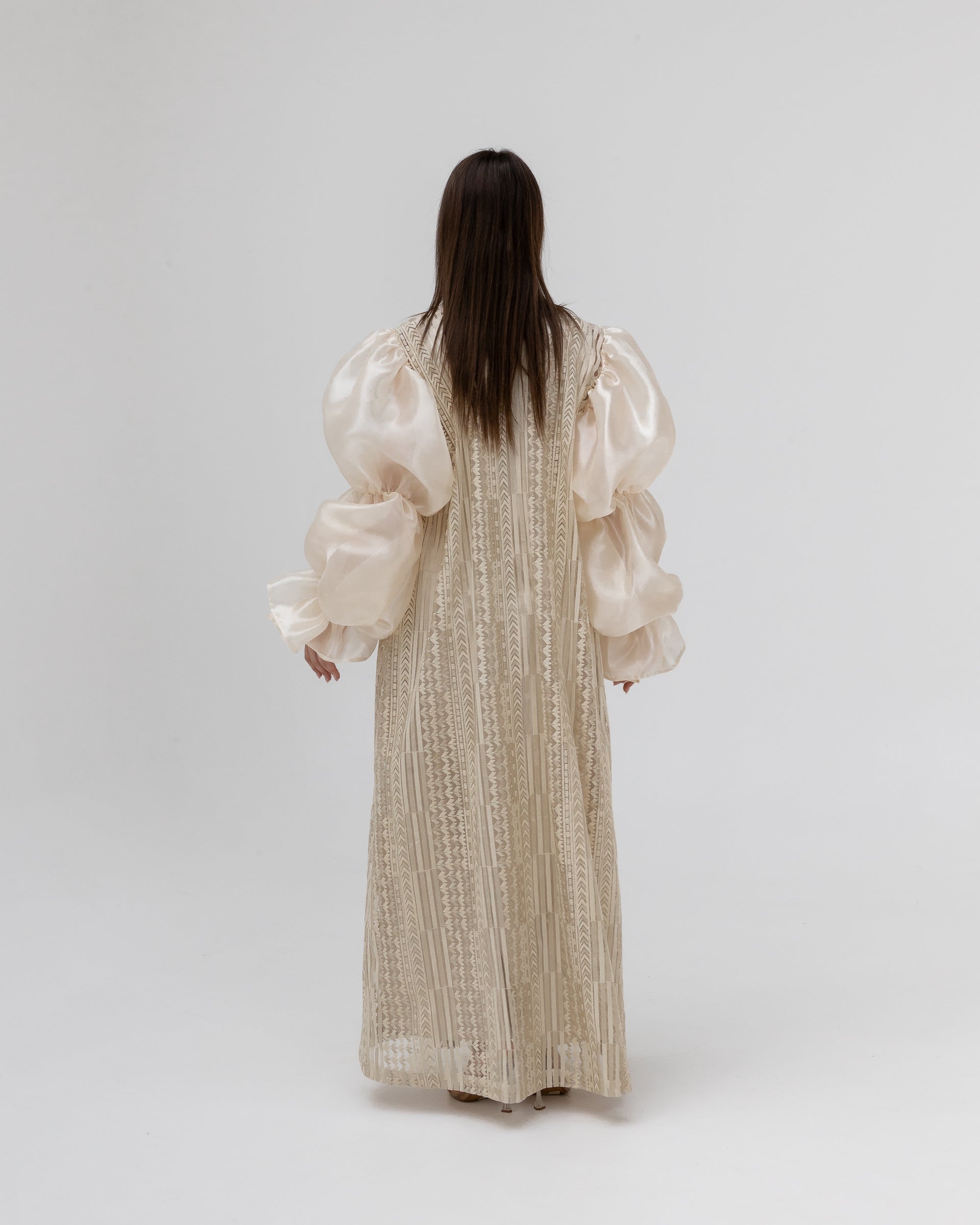 Champagne Lace Abaya with Sheer Puff Sleeves