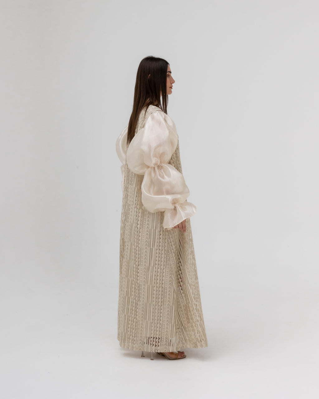 Champagne Lace Abaya with Sheer Puff Sleeves