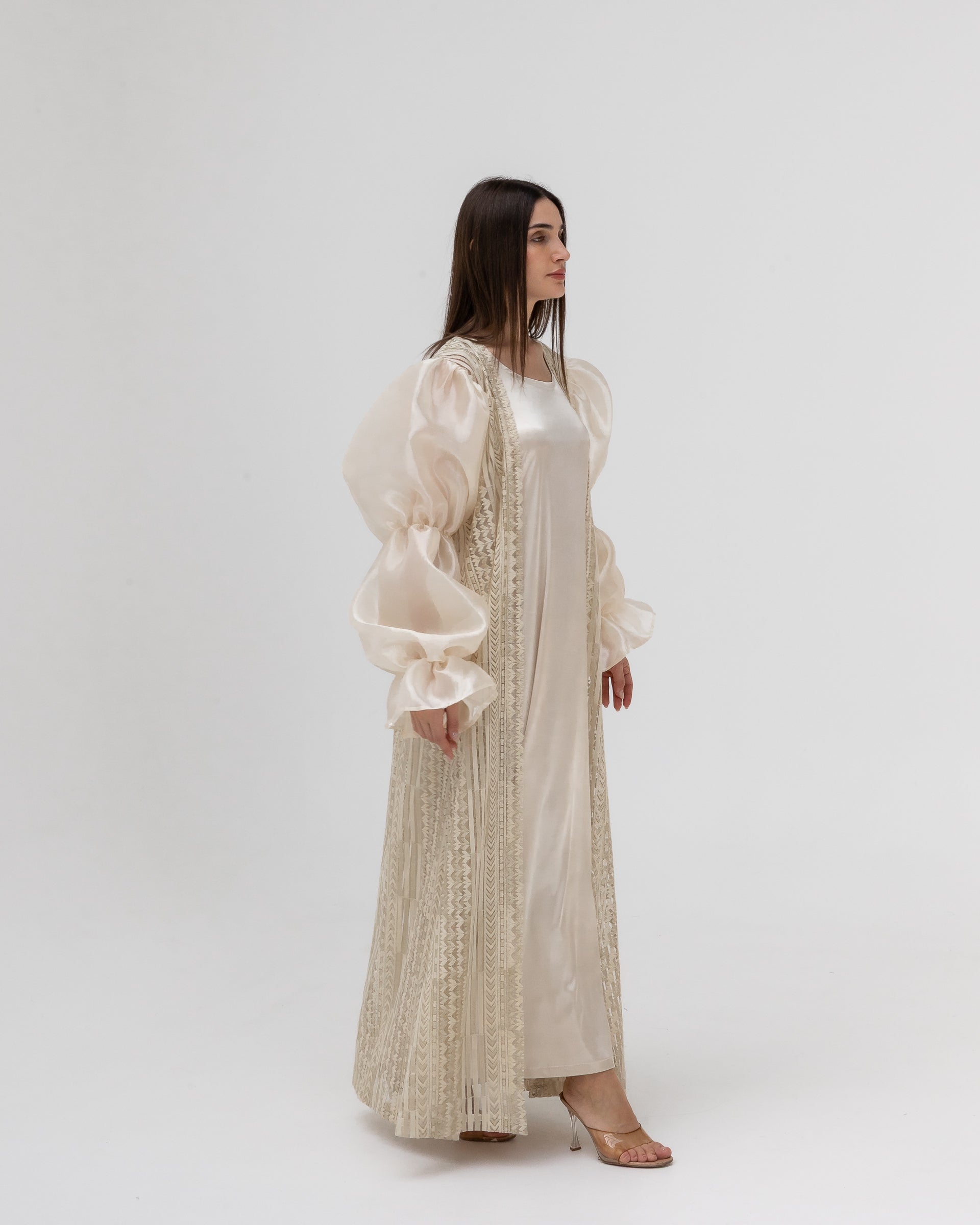 Champagne Lace Abaya with Sheer Puff Sleeves