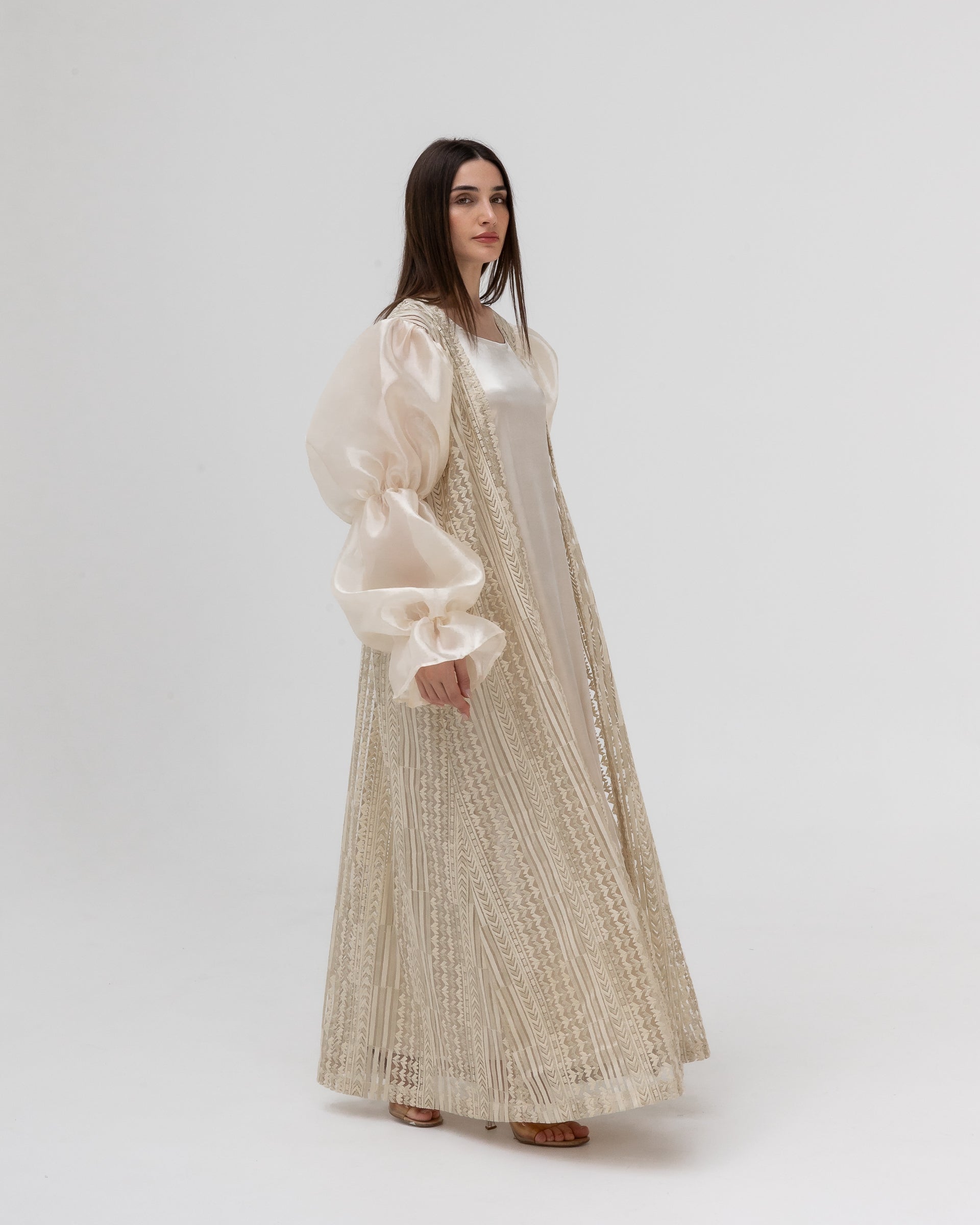 Champagne Lace Abaya with Sheer Puff Sleeves