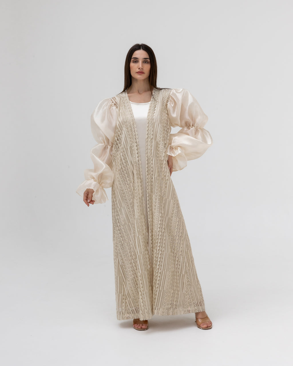 Champagne Lace Abaya with Sheer Puff Sleeves