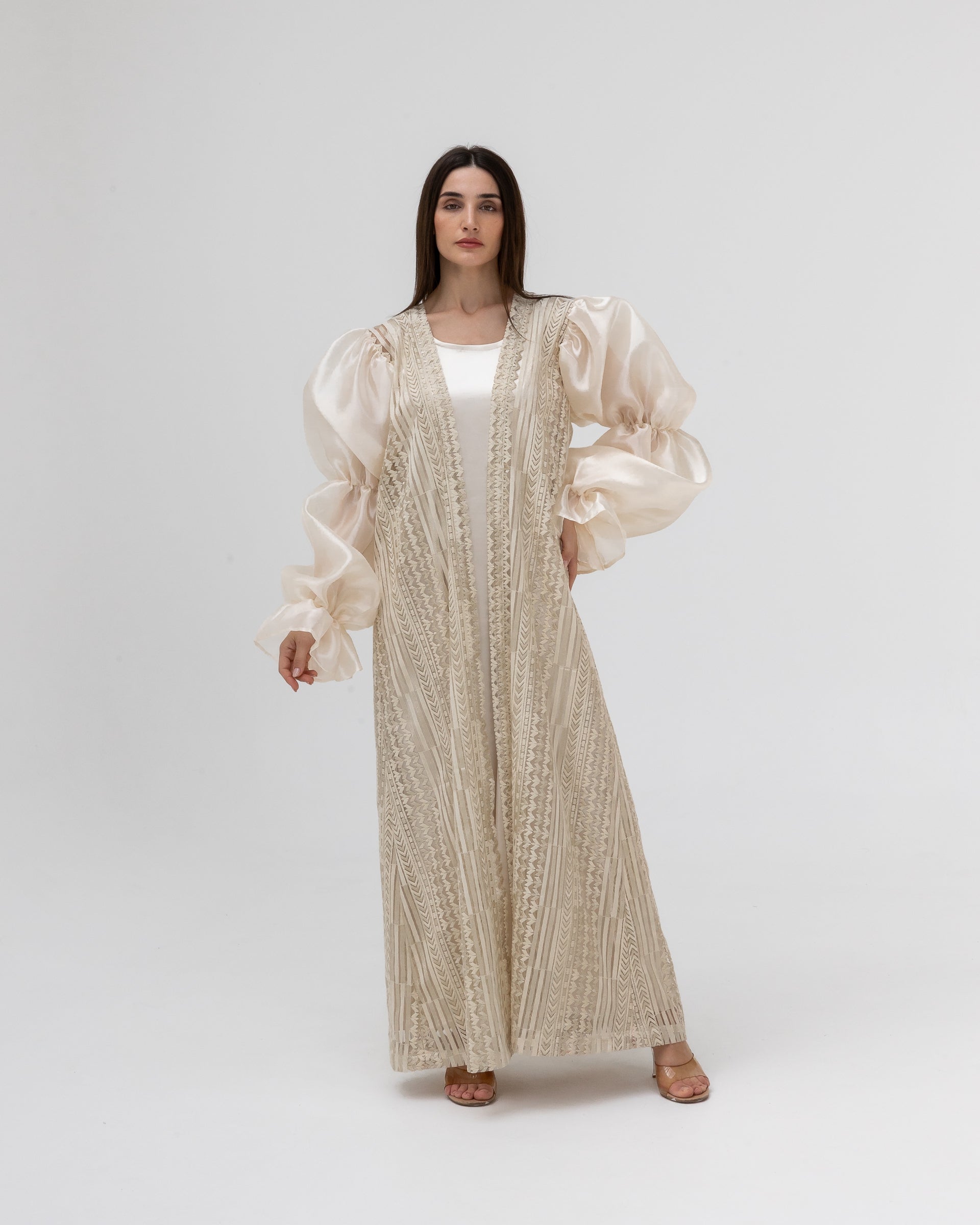Champagne Lace Abaya with Sheer Puff Sleeves