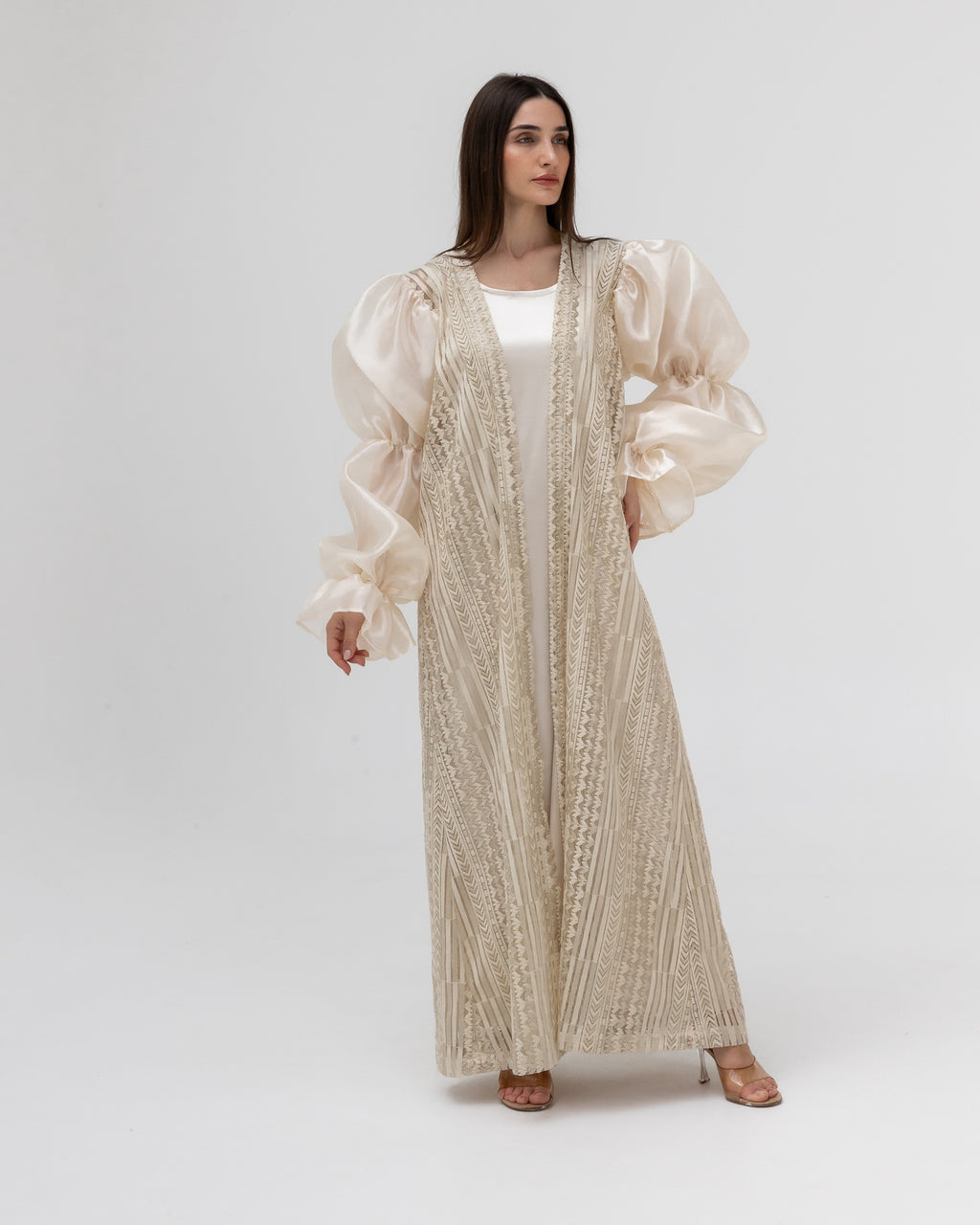 Champagne Lace Abaya with Sheer Puff Sleeves