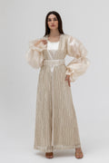 Champagne Lace Abaya with Sheer Puff Sleeves