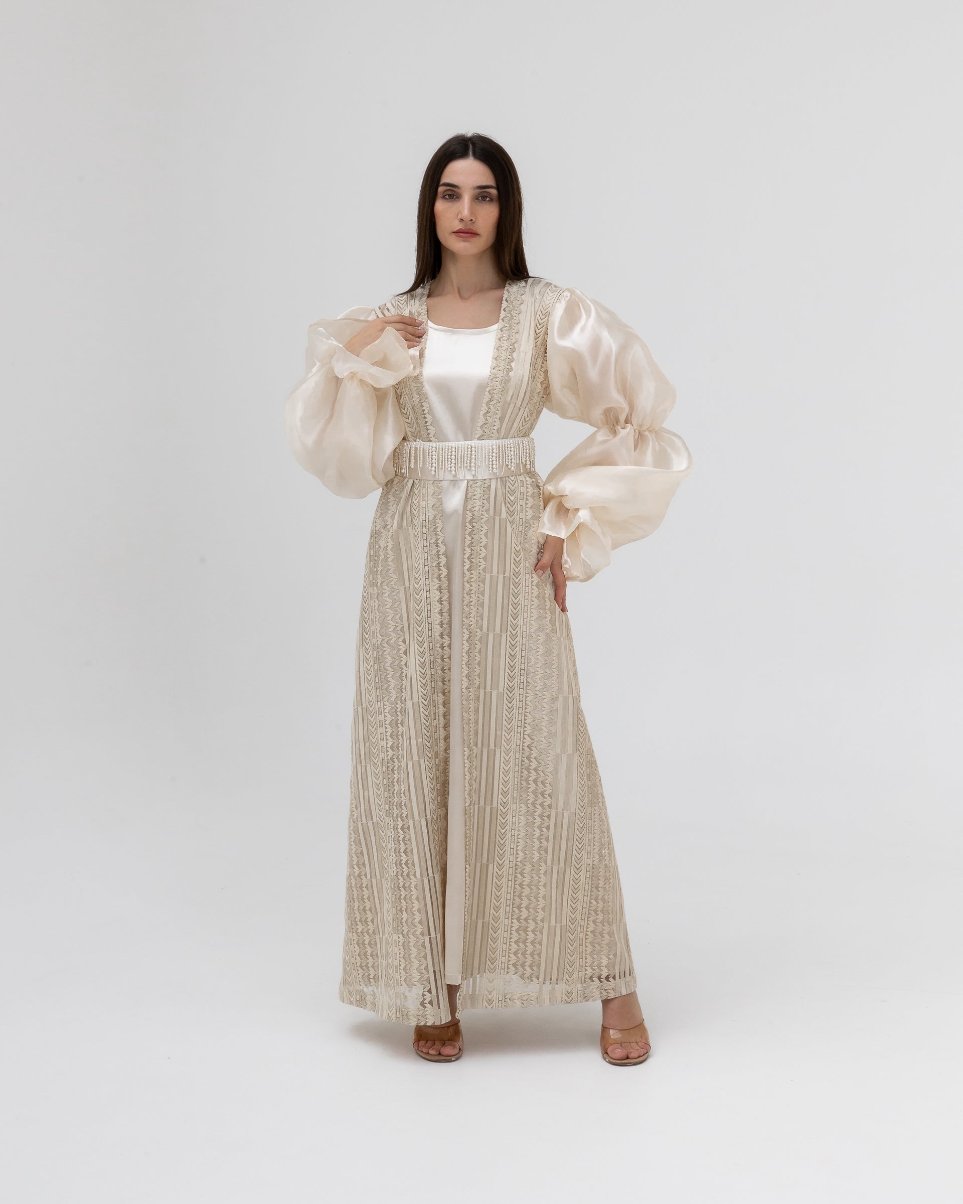 Champagne Lace Abaya with Sheer Puff Sleeves