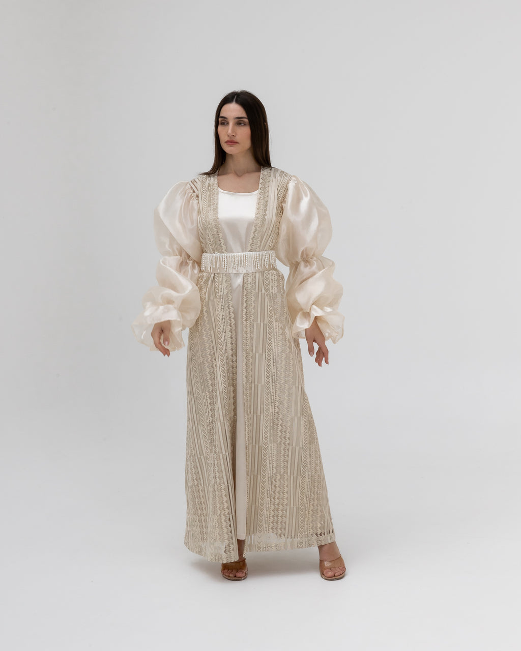 Champagne Lace Abaya with Sheer Puff Sleeves