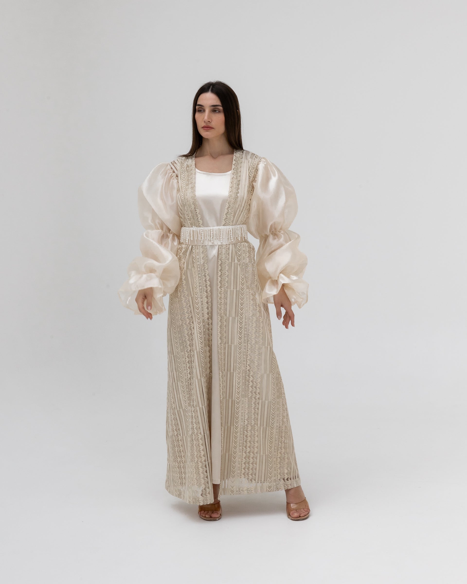 Champagne Lace Abaya with Sheer Puff Sleeves