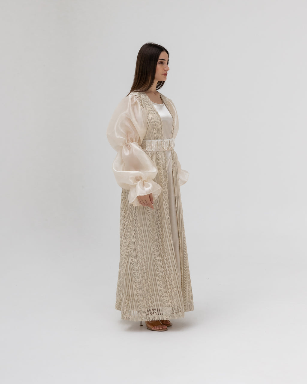 Champagne Lace Abaya with Sheer Puff Sleeves