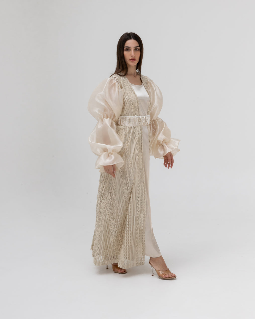 Champagne Lace Abaya with Sheer Puff Sleeves