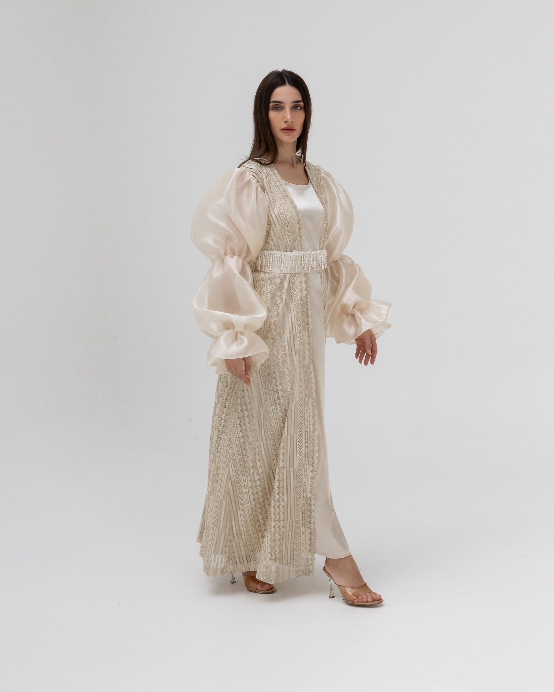 Champagne Lace Abaya with Sheer Puff Sleeves